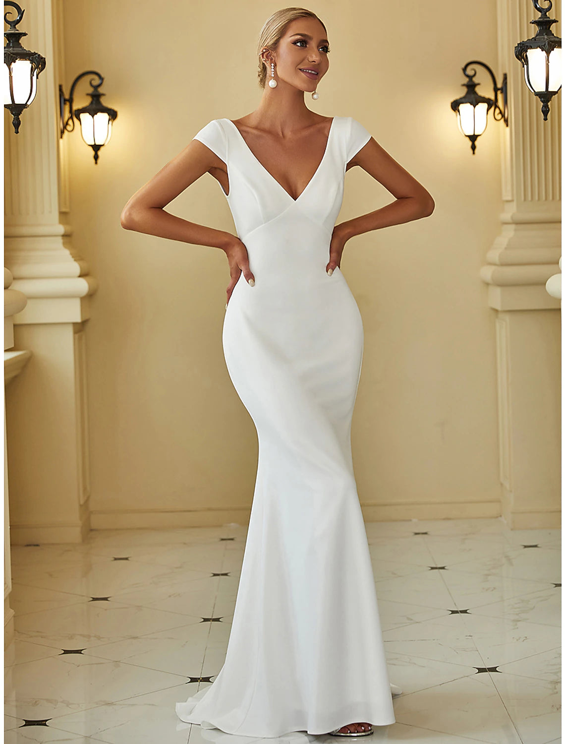 Aimishang Reception Casual Wedding Dresses Mermaid / Trumpet V Neck Cap Sleeve Sweep / Brush Train Fabric Bridal Gowns With Draping Solid Color Summer Wedding Party