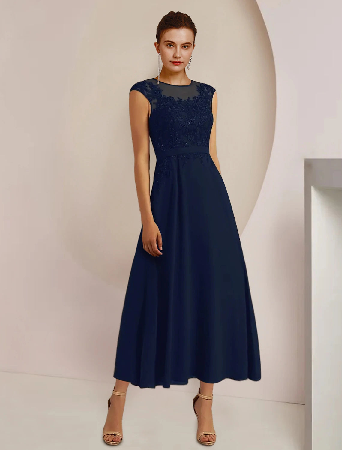 Aimishang Two Piece A-Line Mother of the Bride Dress Formal Wedding Guest Elegant Scoop Neck Tea Length Chiffon Lace 3/4 Length Sleeve Jacket Dresses with Sash / Ribbon Appliques