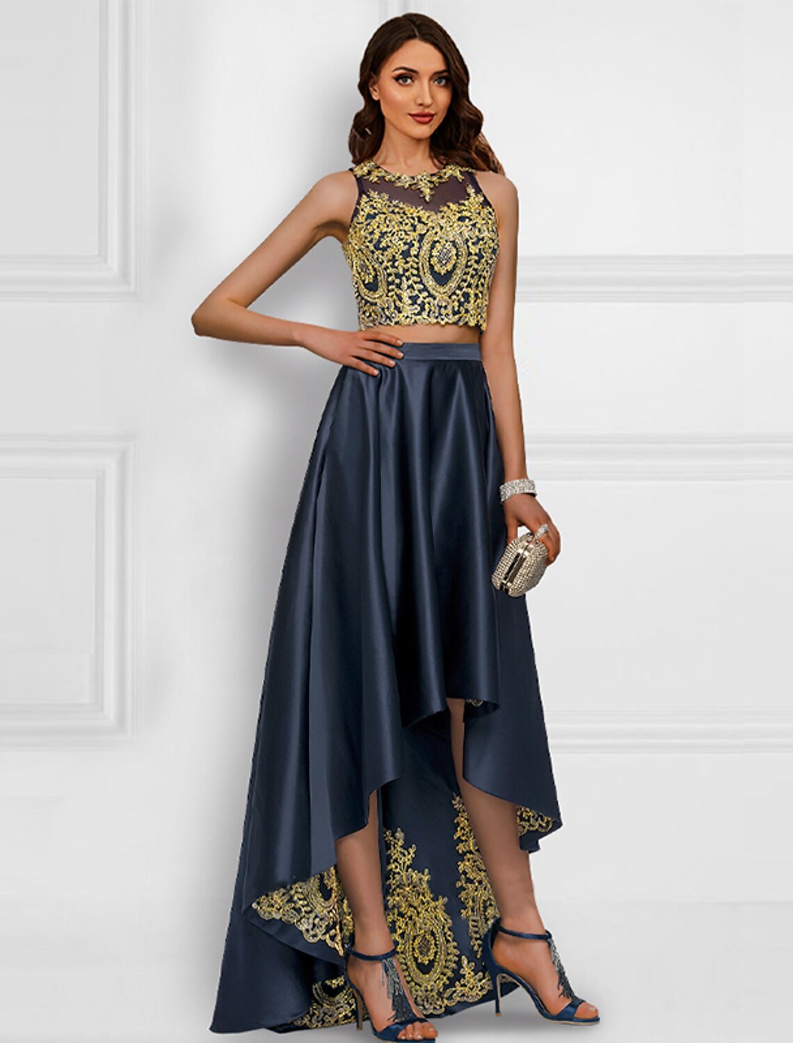 Aimishang Two Piece Cocktail Dresses Sparkle & Shine Dress Prom Asymmetrical Sleeveless Jewel Neck Charmeuse with Appliques