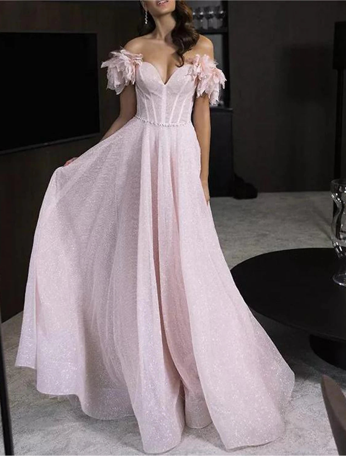 Aimishang A-Line Prom Dresses Glittering Dress Prom Birthday Floor Length Sleeveless Off Shoulder Tulle with Glitter Crystals