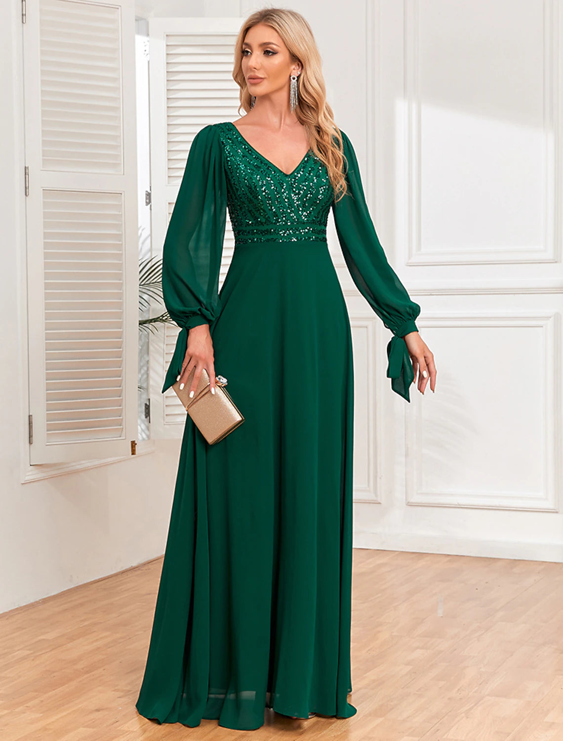 Aimishang A-Line Evening Gown Empire Dress Evening Party Wedding Reception Floor Length Long Sleeve V Neck Fall Wedding Guest Chiffon V Back with Sequin