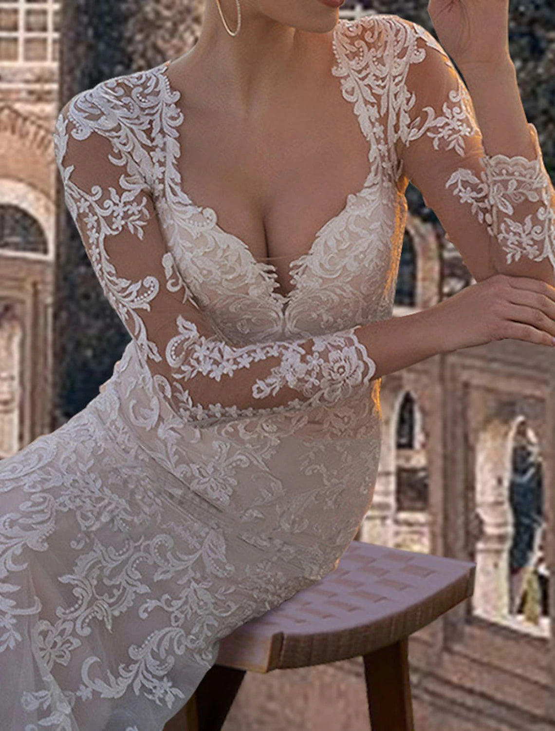 Aimishang Formal Fall Wedding Dresses Mermaid / Trumpet Square Neck Sweetheart Open Back Long Sleeve Court Train Lace Bridal Gowns With Appliques Summer Wedding Party, Women‘s Clothing