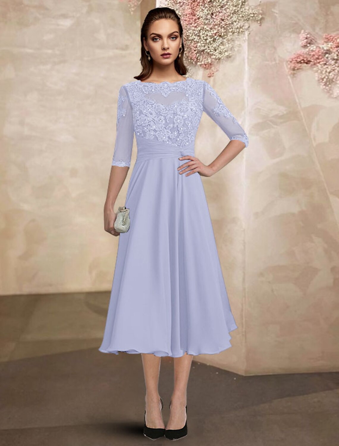 Aimishang A-Line Mother of the Bride Dress Wedding Guest Plus Size Elegant Jewel Neck Tea Length Chiffon Lace Half Sleeve with Ruched Beading Appliques Fal
