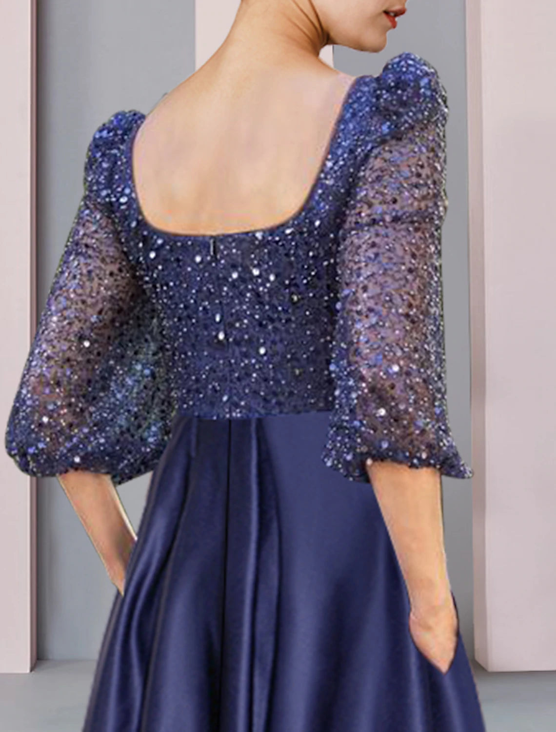 Aimishang Two Piece Sheath / Column Mother of the Bride Dress Formal Wedding Guest Elegant Sparkle & Shine High Low Square Neck Asymmetrical Tea Length Satin Lace Half Sleeve with Pleats Beading Appliques