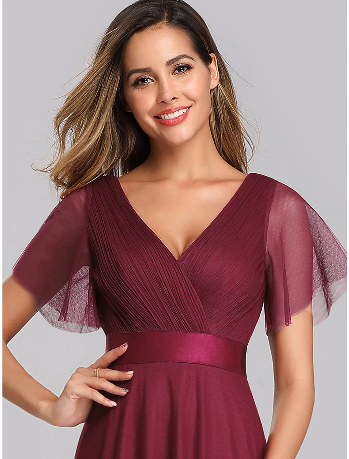 Aimishang A-Line Empire Wedding Guest Prom Dress V Neck V Back Short Sleeve Floor Length Chiffon with Pleats Ruched