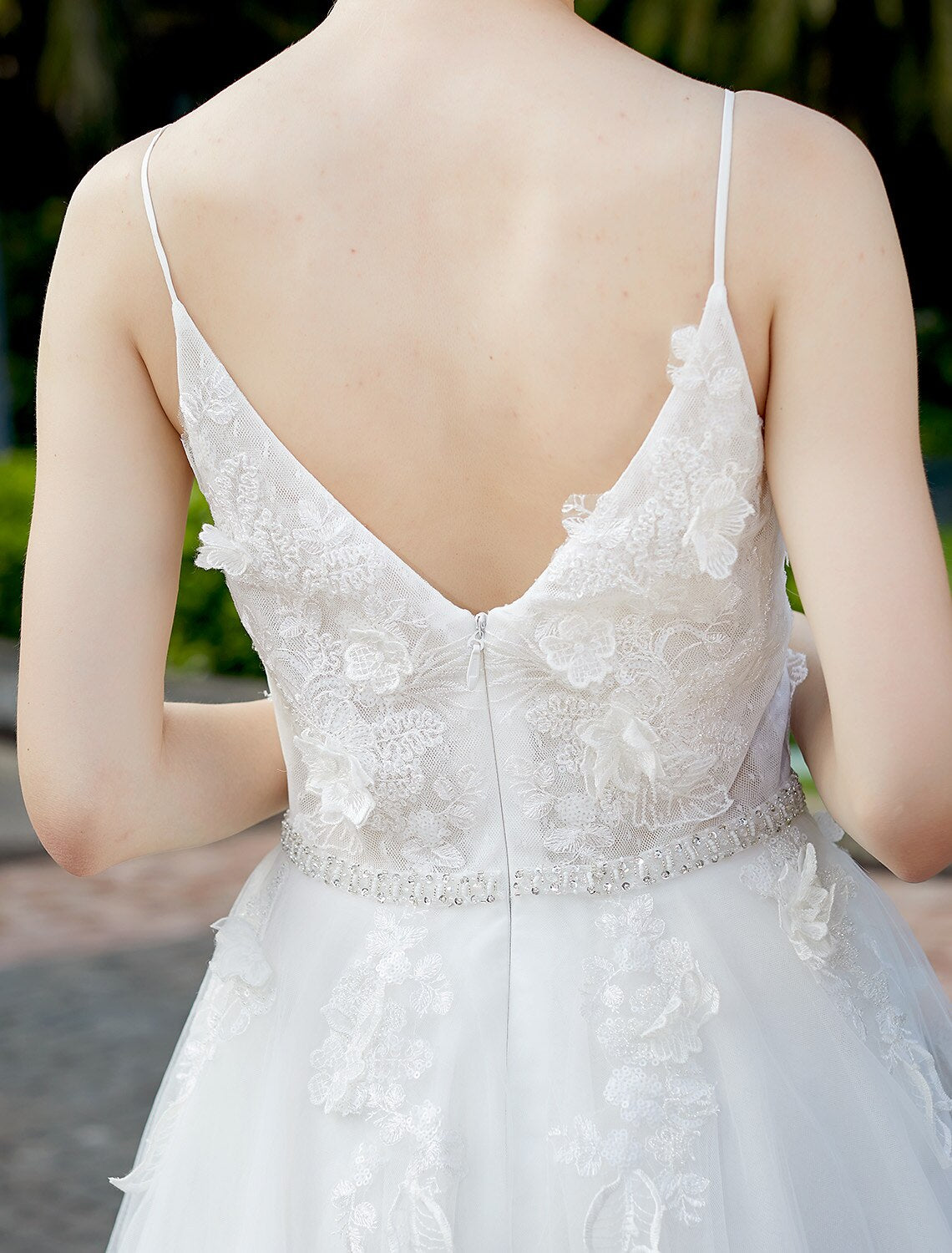 Aimishang Reception Wedding Dresses A-Line Plunging Neck Sleeveless Floor Length Tulle Over Lace Bridal Gowns With Sashes / Ribbons Beading