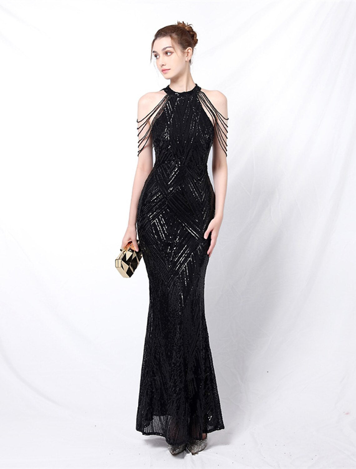 Aimishang Mermaid Party Dress Prom Dresses Sparkle & Shine Dress Formal Wedding Guest Floor Length Sleeveless Halter Neck Sequined with Sequin