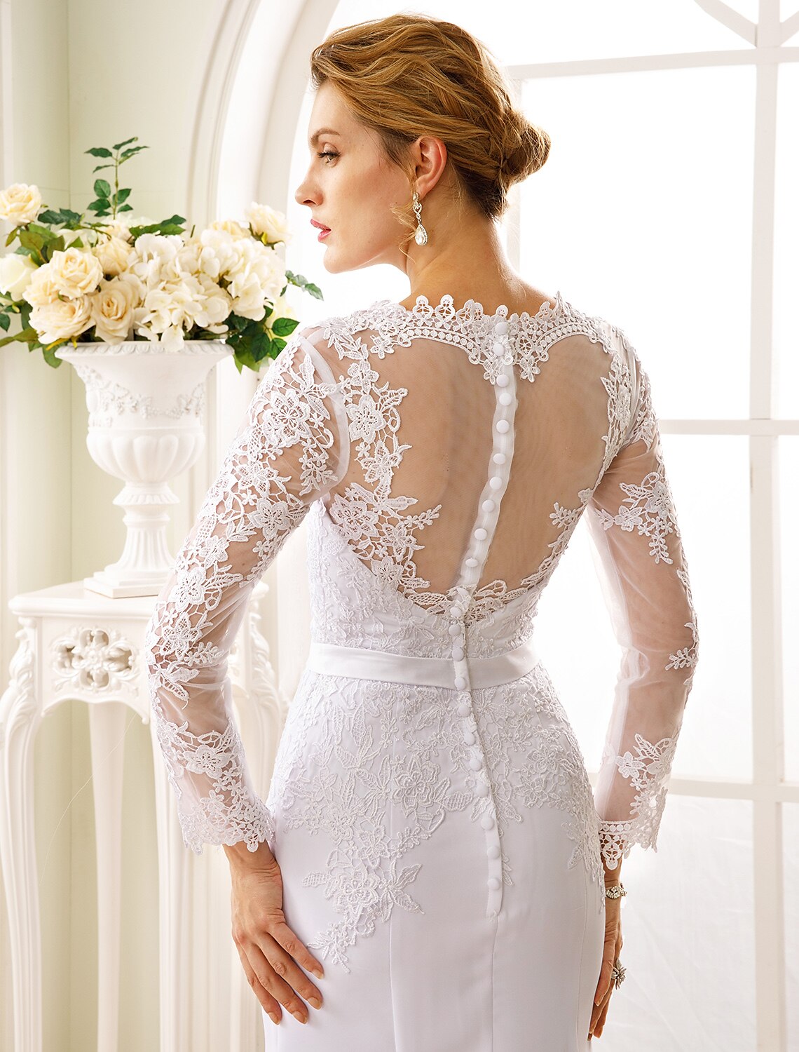 Aimishang Engagement Formal Wedding Dresses Mermaid / Trumpet Illusion Neck Long Sleeve Court Train Chiffon Bridal Gowns With Sash / Ribbon Appliques Summer Wedding Party