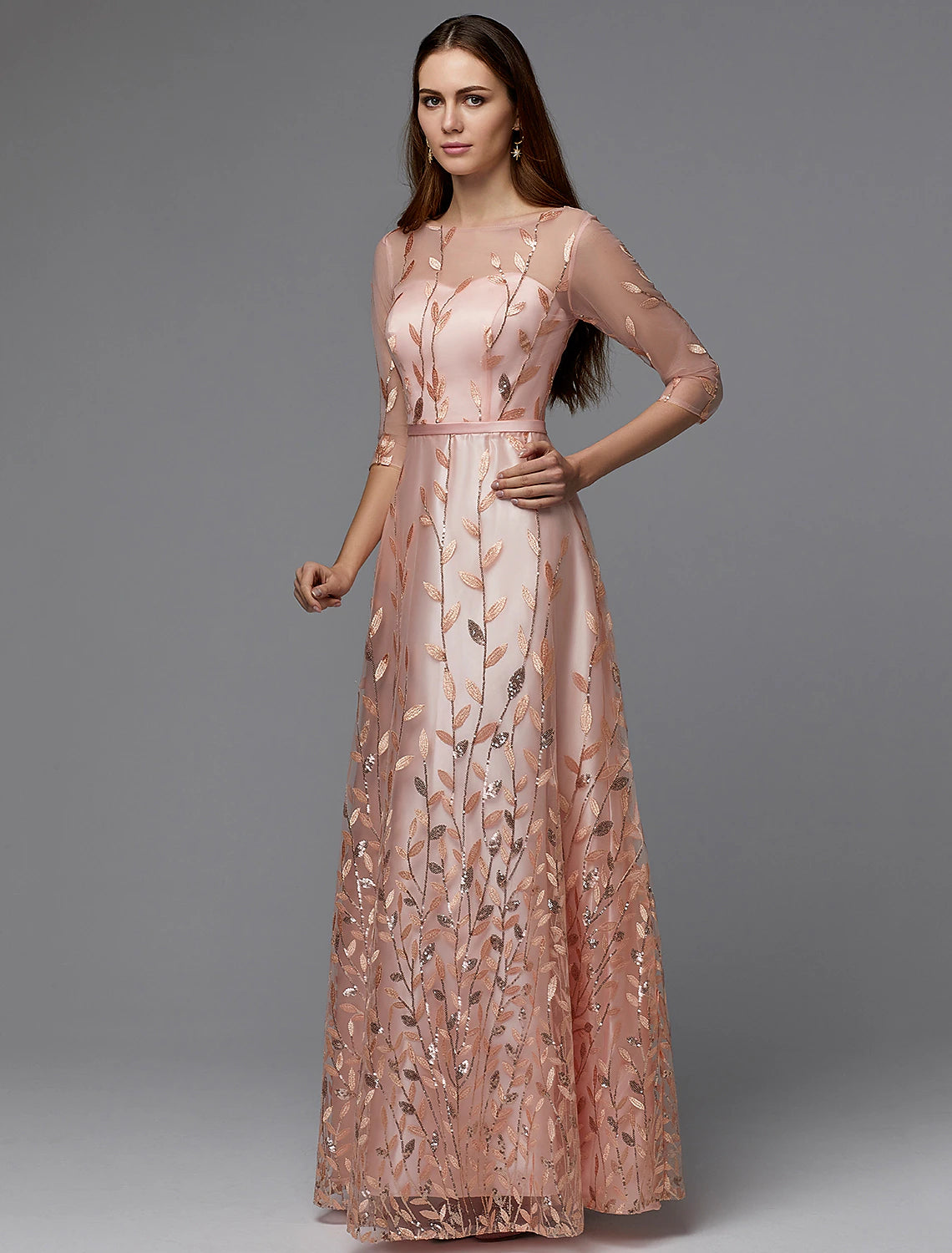 Aimishang A-Line Floral Dress Valentine's Day Wedding Guest Floor Length 3/4 Length Sleeve Illusion Neck Bridesmaid Dress Lace with Appliques