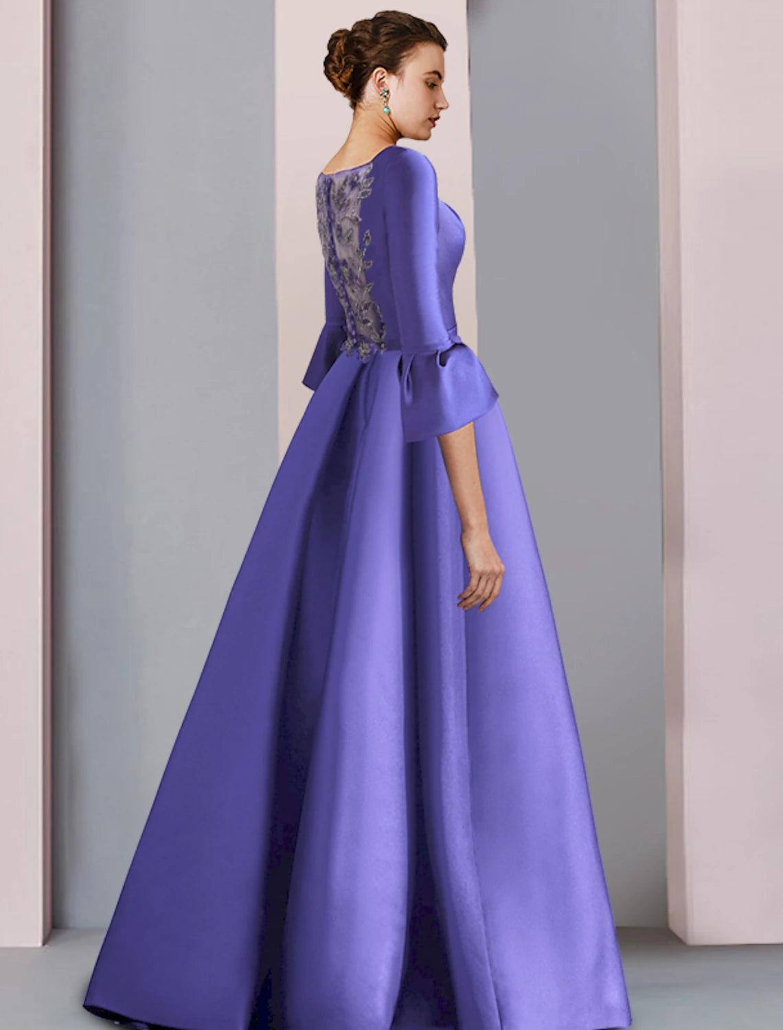 Aimishang A-Line Mother of the Bride Dress Formal Party Elegant Scoop Neck Floor Length Satin 3/4 Length Sleeve with Bow(s) Pleats Embroidery