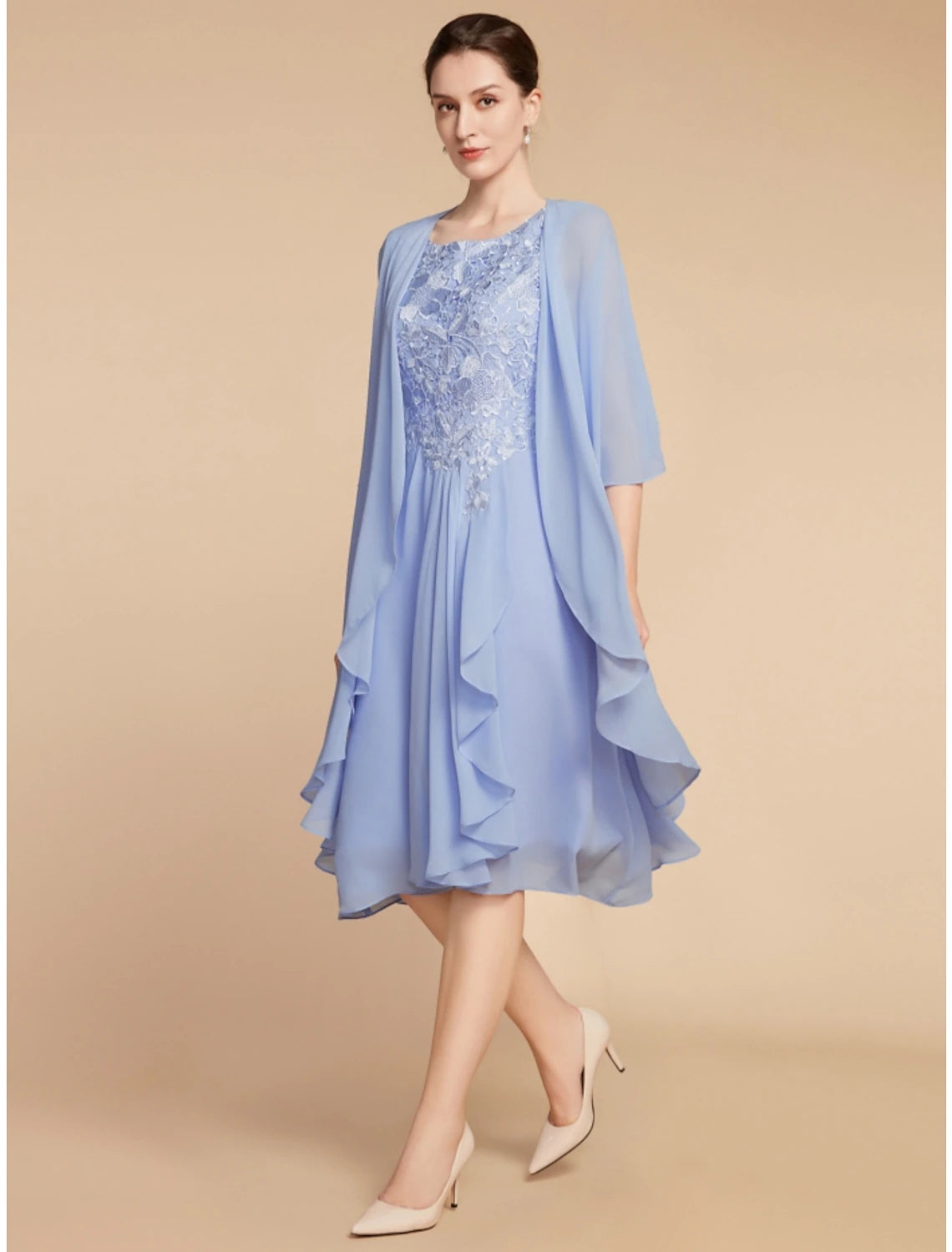Aimishang Two Piece Sheath / Column Mother of the Bride Dress Wedding Guest Elegant Petite Scoop Neck Knee Length Chiffon Lace Half Sleeve with Ruching Solid Color