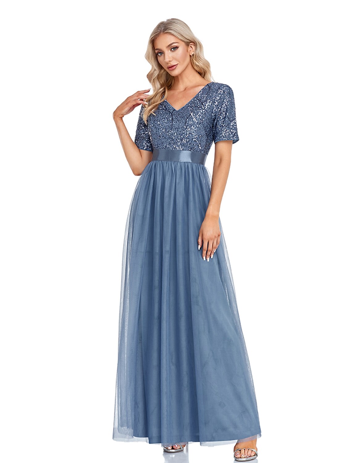 Aimishang A-Line Evening Gown Elegant Dress Wedding Guest Floor Length Short Sleeve V Neck Tulle with Sequin Splicing