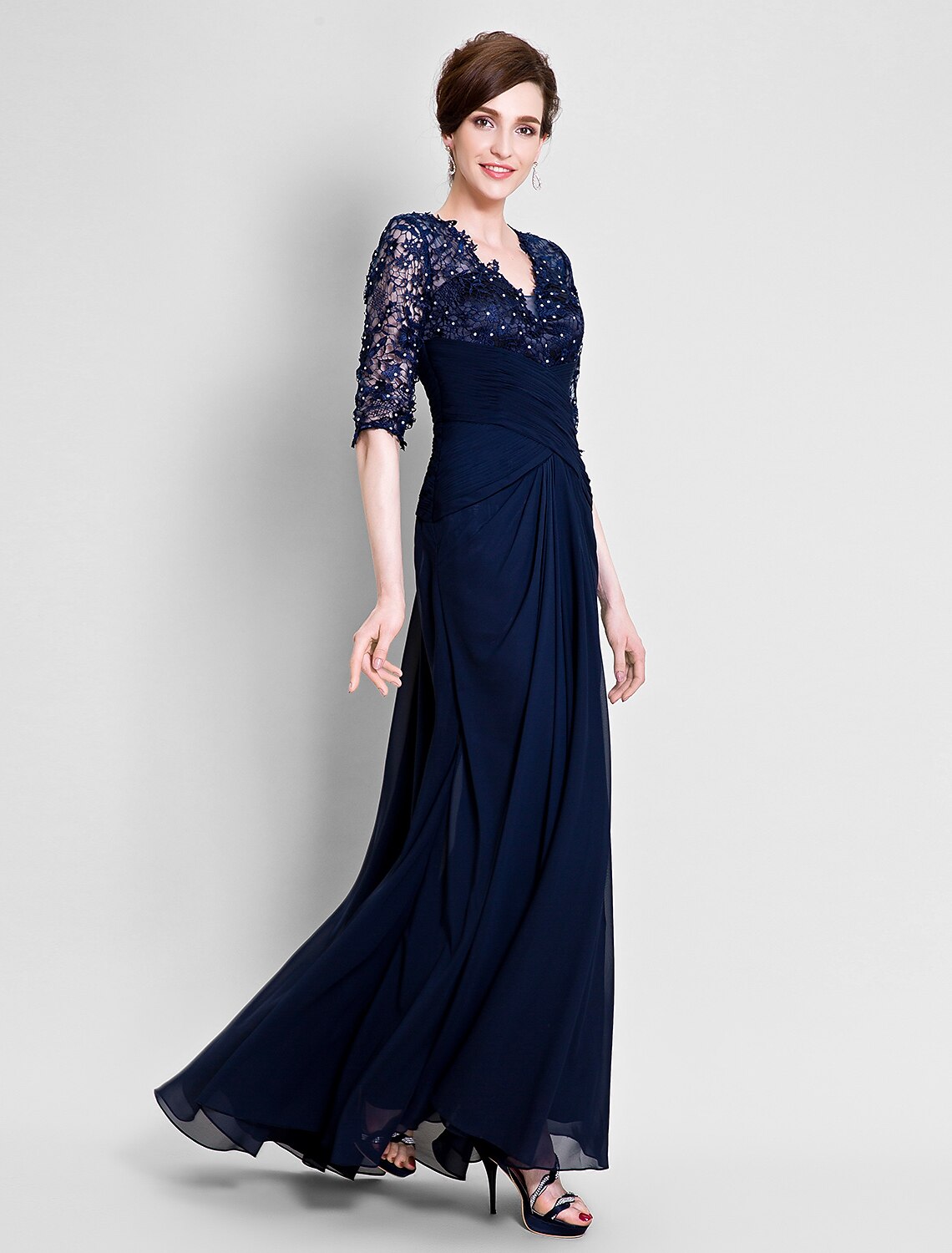 Aimishang A-Line Mother of the Bride Dress See Through V Neck Floor Length Chiffon Lace Half Sleeve No with Lace Beading