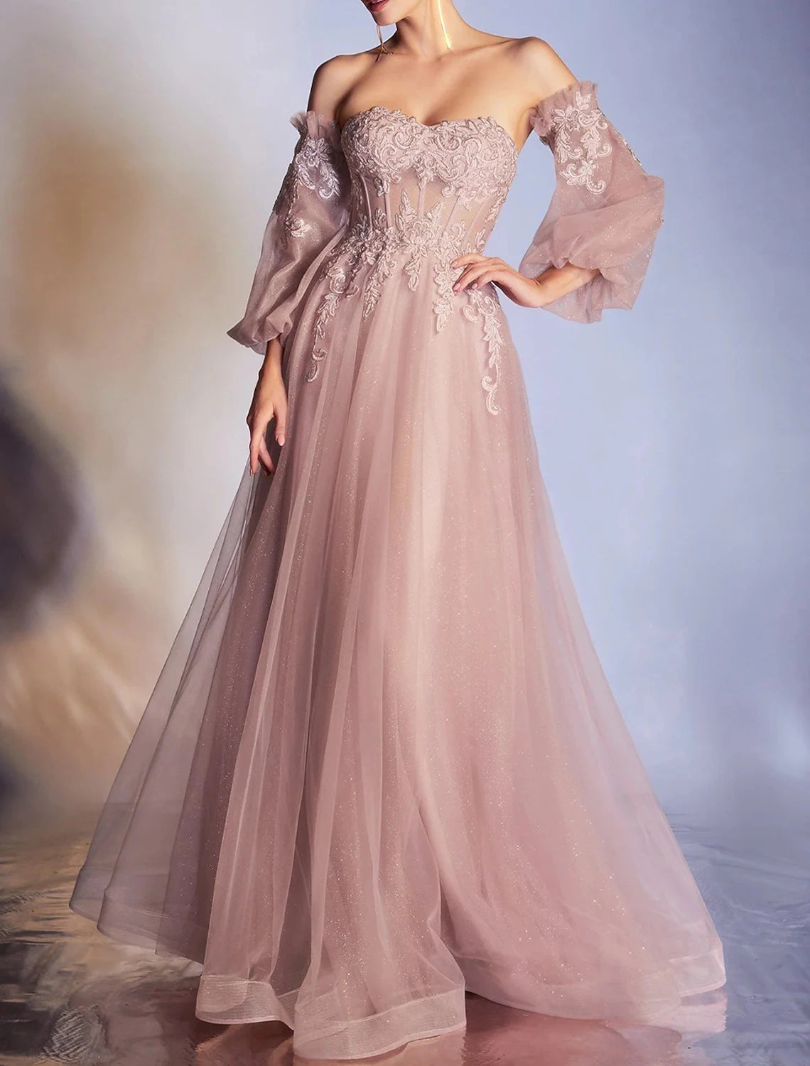 Aimishang A-Line Prom Dresses Elegant Dress Formal Prom Floor Length 3/4 Length Sleeve Off Shoulder Lace Backless with Appliques