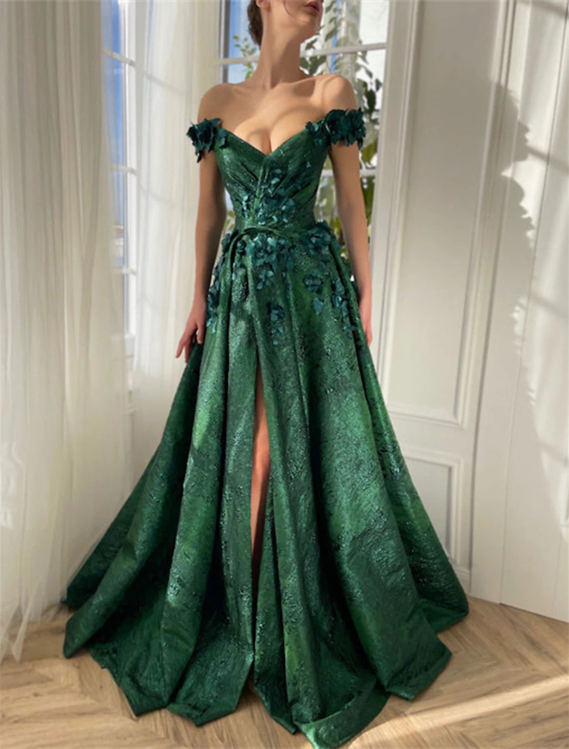 Aimishang A-Line Prom Dresses Floral Dress Wedding Guest Wedding Party Court Train Sleeveless Off Shoulder Satin with Slit Appliques