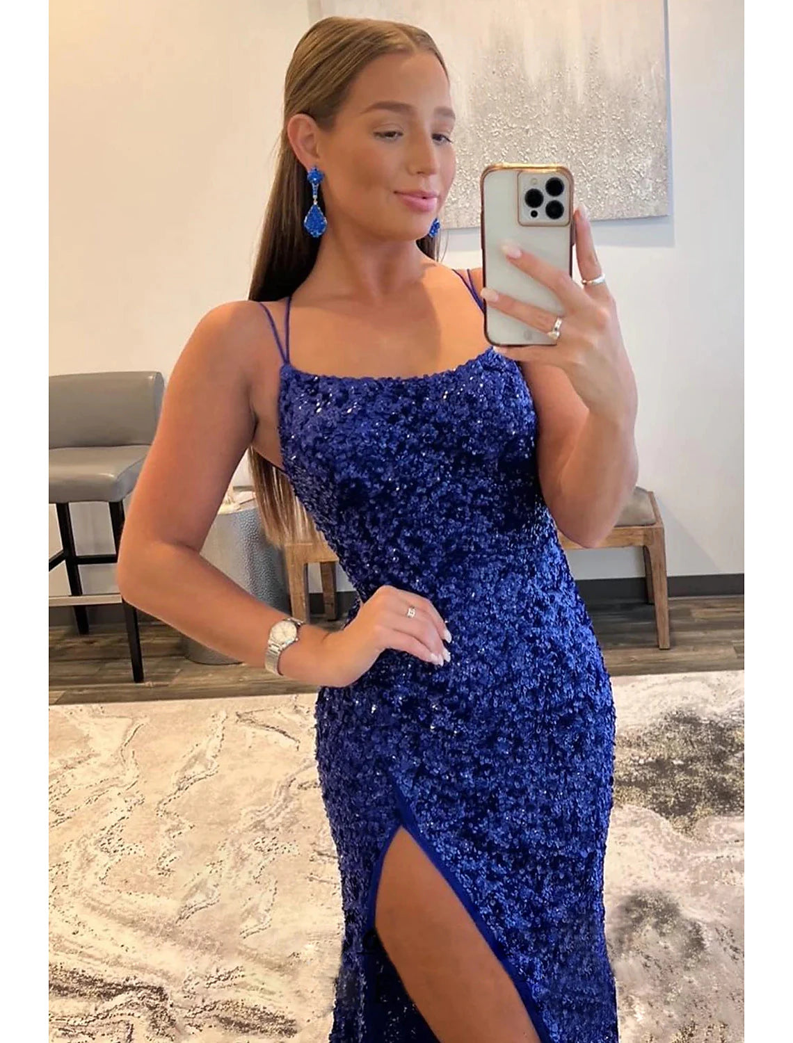 Aimishang Mermaid / Trumpet Prom Dresses Hot Dress Formal Wedding Party Sweep / Brush Train Sleeveless Spaghetti Strap Sequined Backless with Sequin Slit