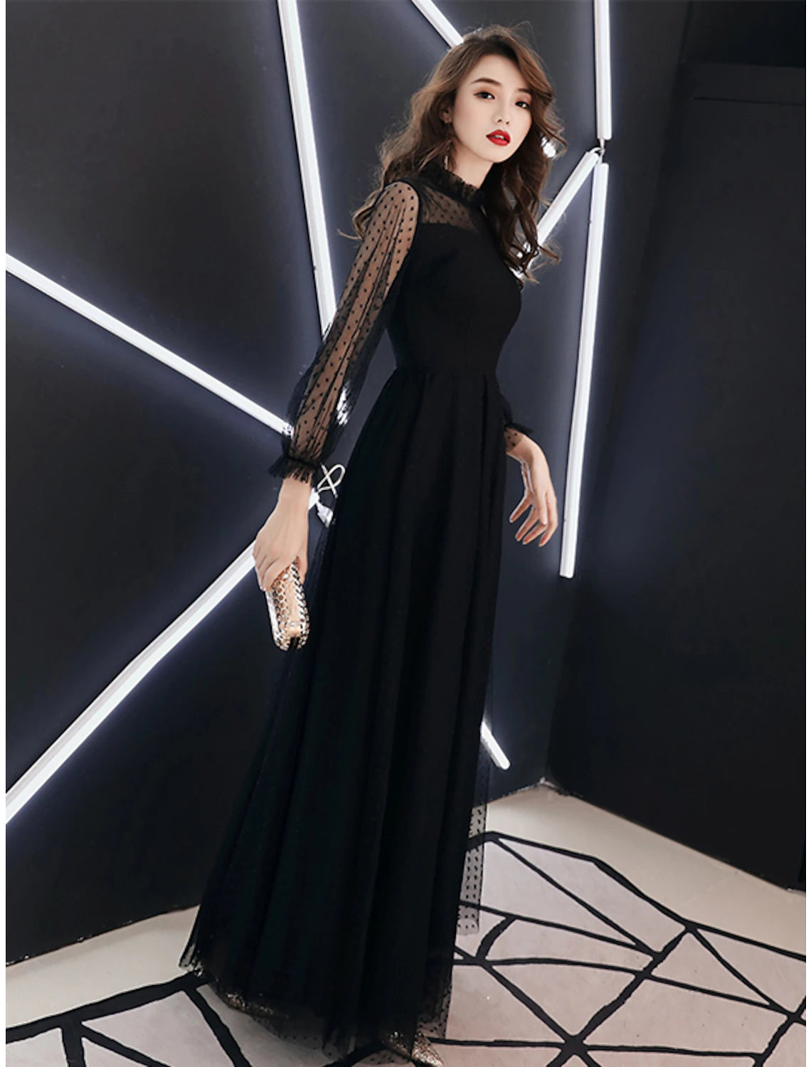 Aimishang A-Line Little Black Dress Elegant Party Wear Prom Dress High Neck Long Sleeve Floor Length Lace with Ruffles