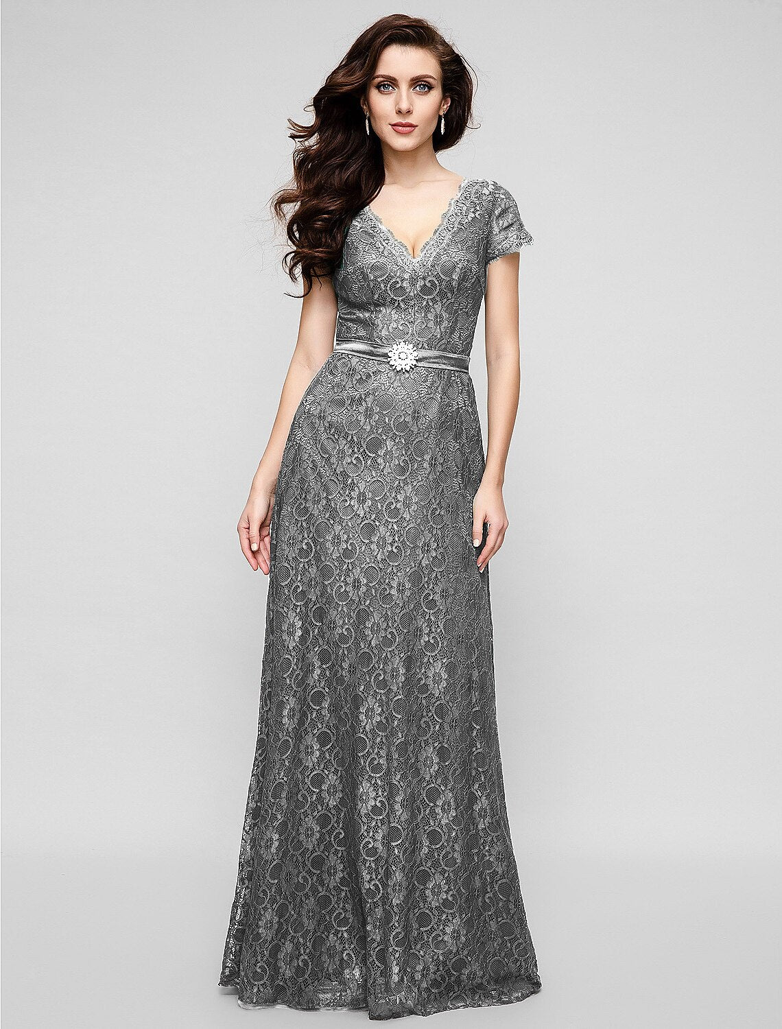 Aimishang A-Line Elegant Dress Holiday Cocktail Party Floor Length Short Sleeve V Neck All Over Lace with Crystal Brooch