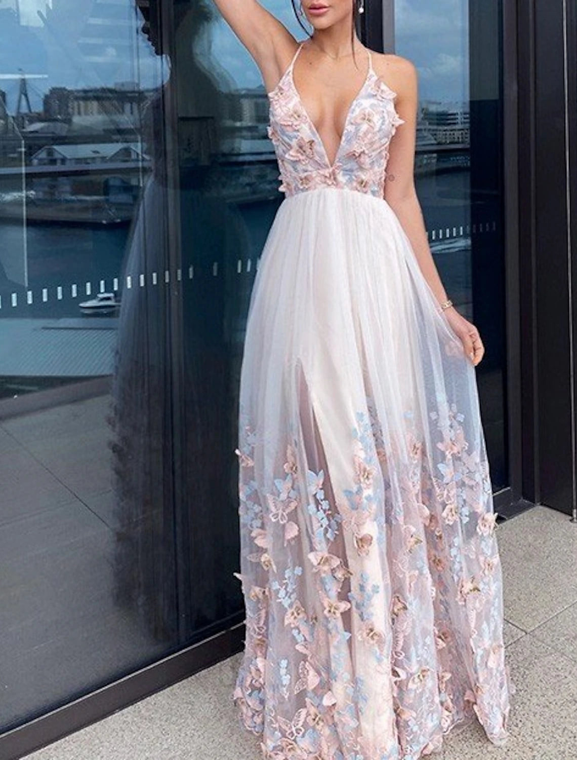 Aimishang A-Line Prom Dress Evening Gown Party Dress Homecoming Wedding Guest Floor Length V Neck Tulle with Appliques