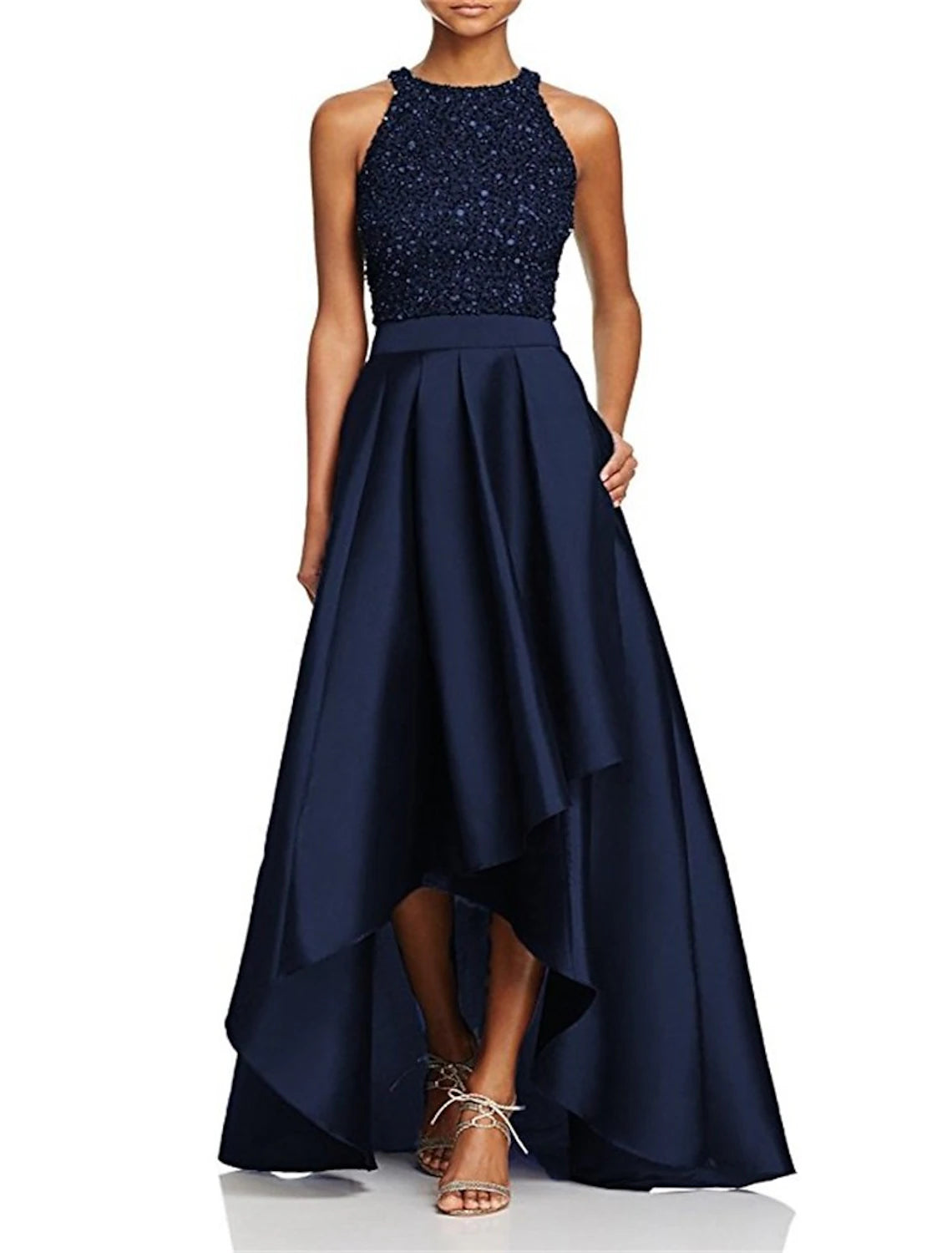 Aimishang A-Line Prom Dresses Sparkle Black Dress Plus Size Party Wear Formal Asymmetrical Sleeveless Jewel Neck Fall Wedding Guest Dresses