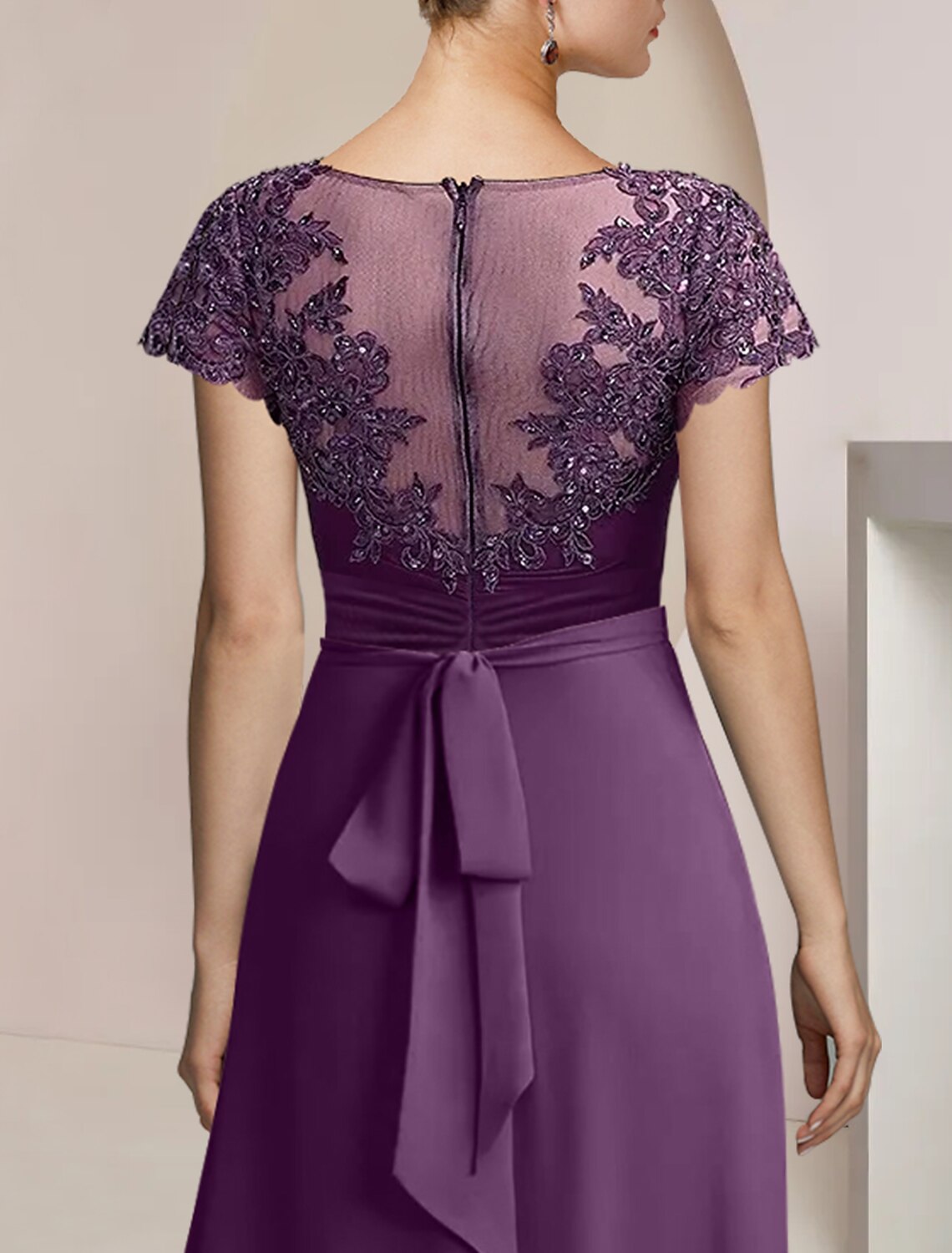 Aimishang A-Line Mother of the Bride Dress Formal Wedding Guest Party Elegant Scoop Neck Asymmetrical Tea Length Chiffon Lace Short Sleeve with Beading Sequin Appliques