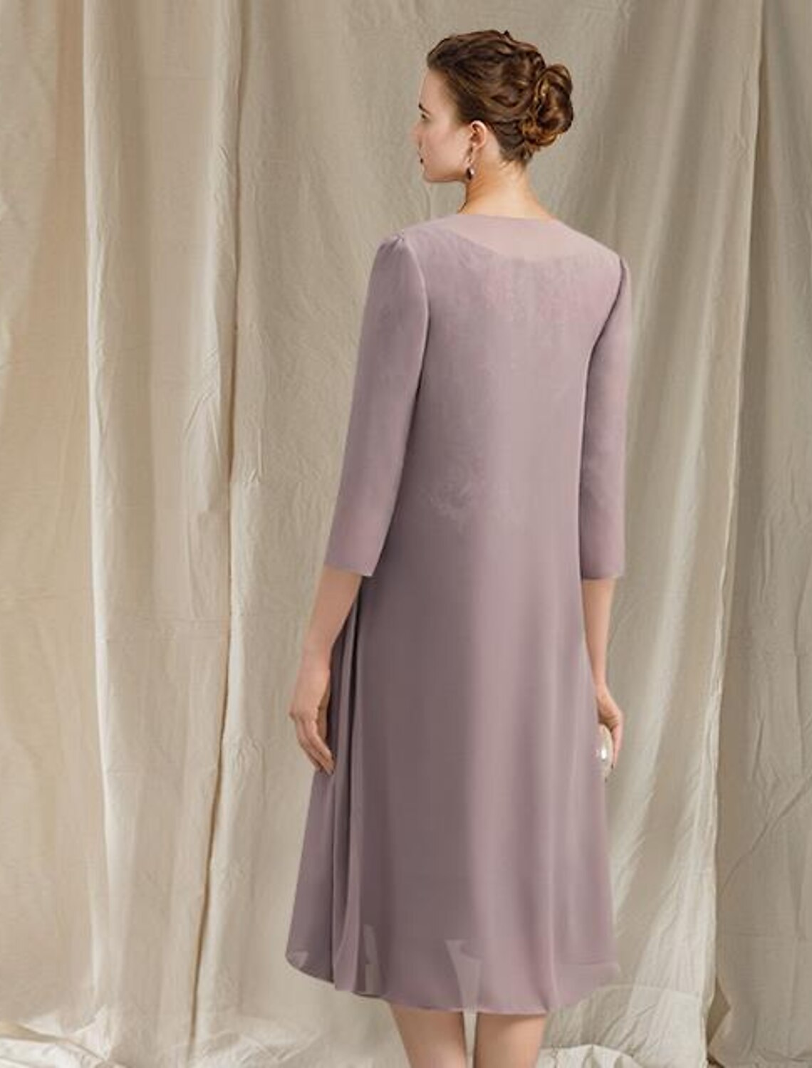 Aimishang Two Piece Sheath / Column Mother of the Bride Dress Church Elegant Jewel Neck Knee Length Chiffon Lace Half Sleeve Jacket Dresses with Appliques