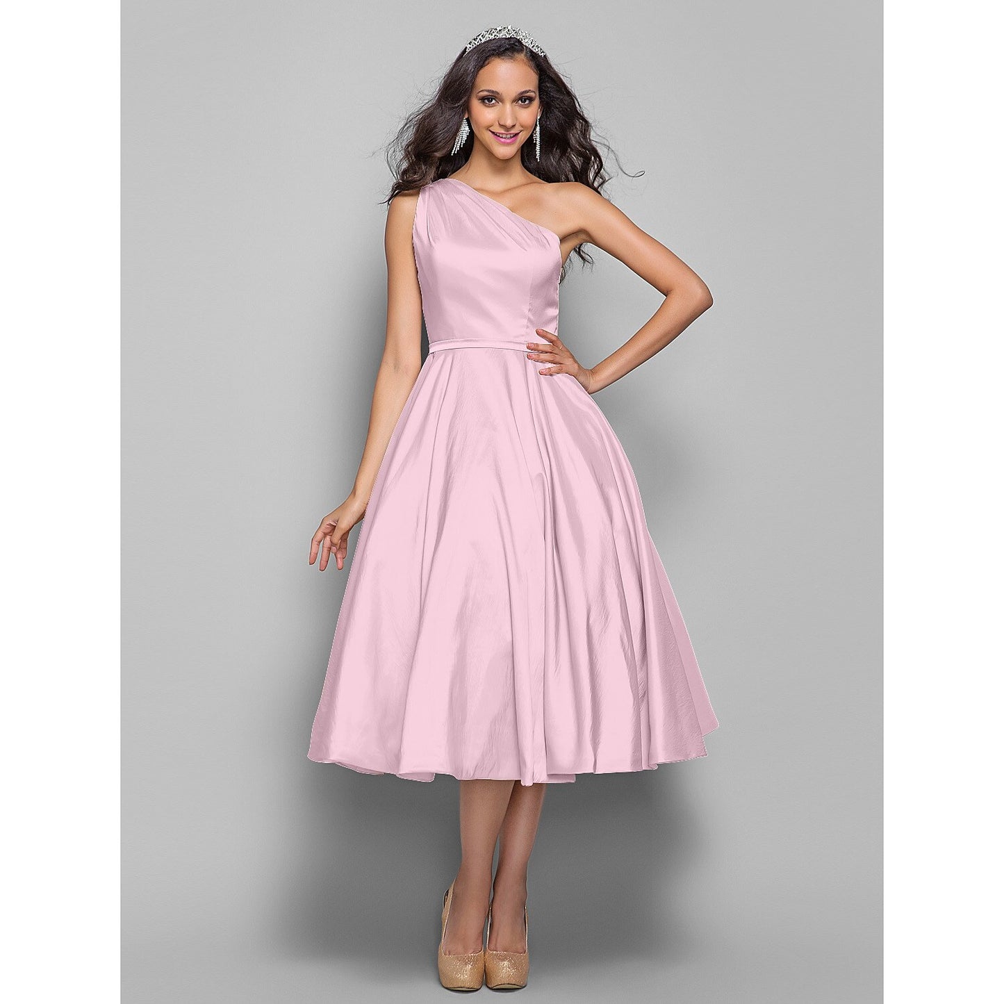 Aimishang A-Line Elegant Cocktail Party Wedding Party Dress One Shoulder Sleeveless Tea Length Taffeta with Sash / Ribbon