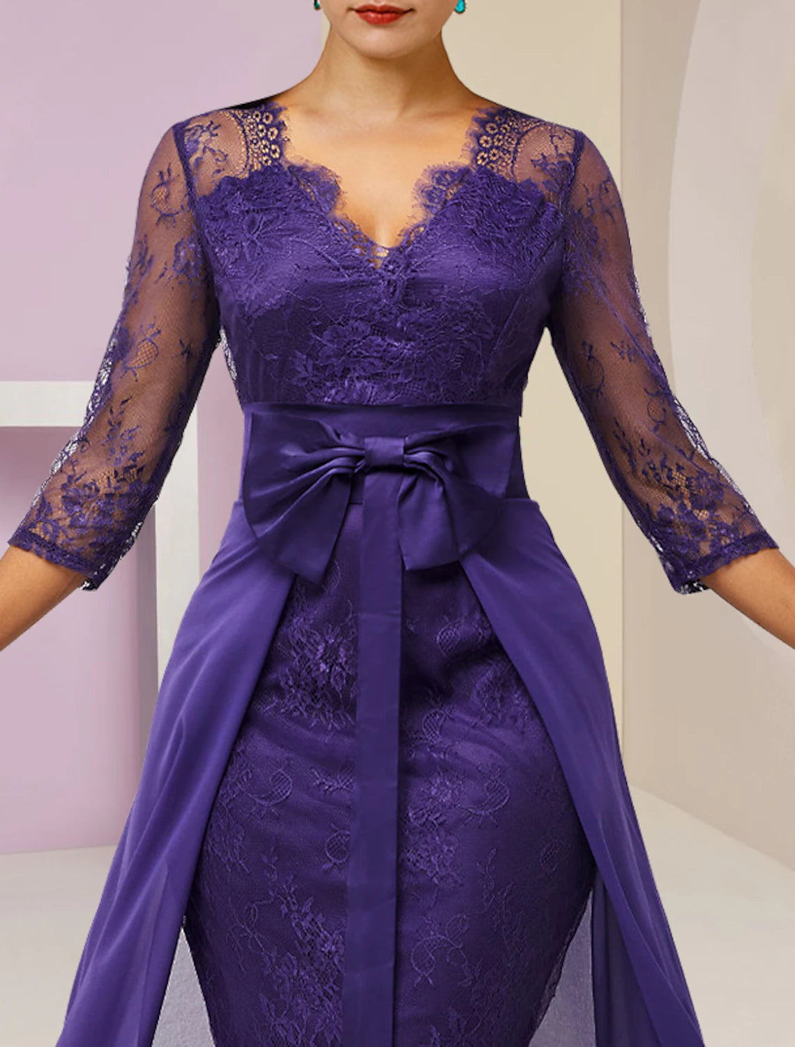 Aimishang Two Piece Sheath / Column Mother of the Bride Dress Formal Fall Wedding Guest Elegant detachable V Neck Knee Length Chiffon Lace 3/4 Length Sleeve with Bow(s)