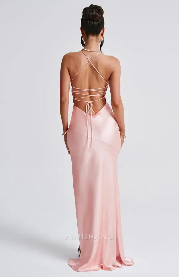 Aimishang Fashion V-neck Spaghetti Straps Sleeveless Long Prom Dress Simple Evening Party Dress With Slit