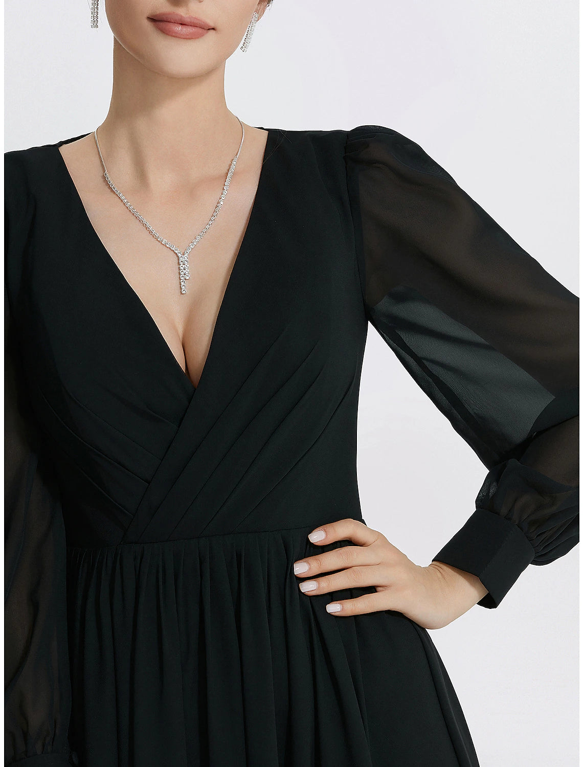 Aimishang A-Line Evening Gown Elegant Dress Formal Floor Length Long Sleeve V Neck Chiffon with Slit