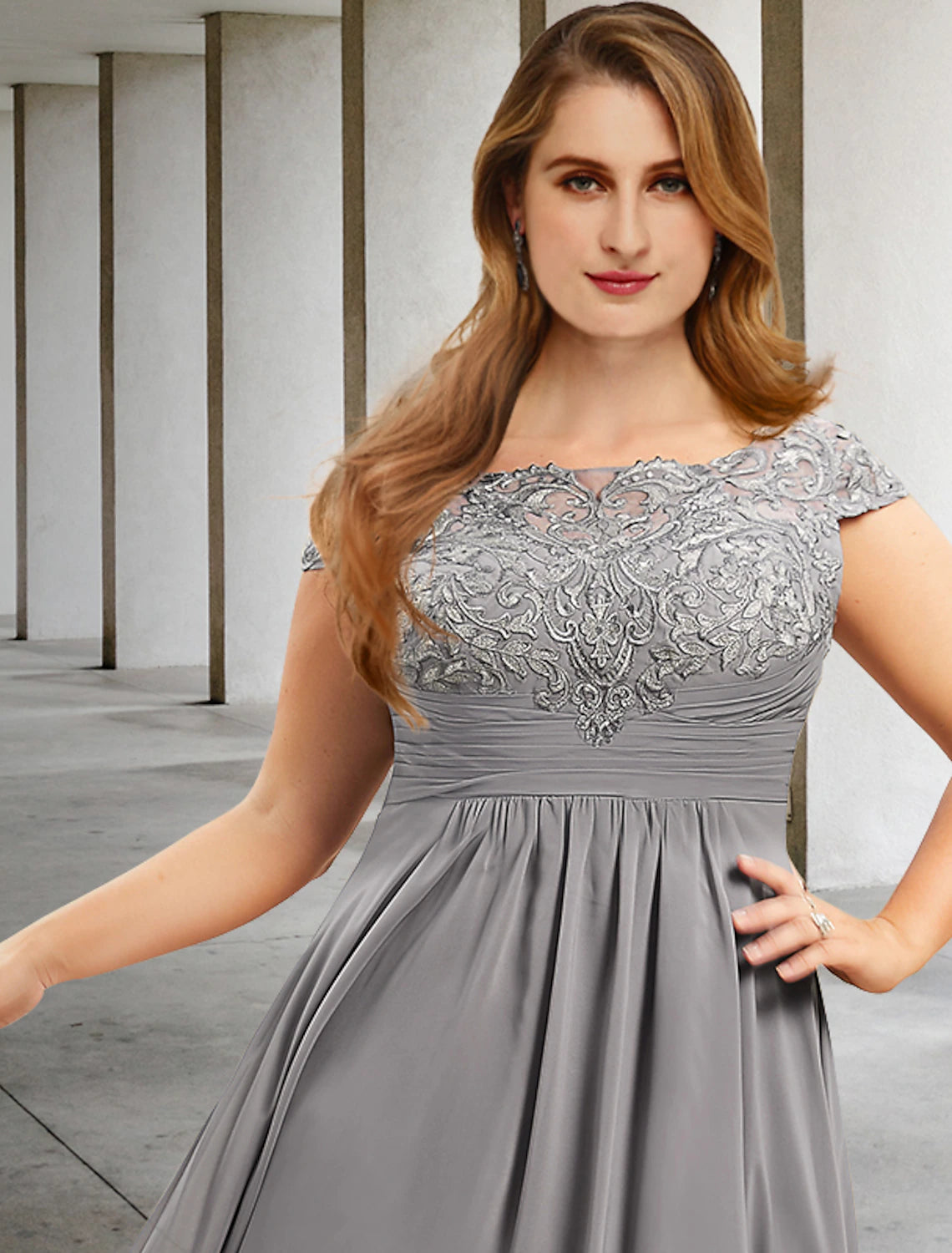 Aimishang A-Line Mother of the Bride Dresses Plus Size Hide Belly Curve Elegant Dress Formal Tea Length Short Sleeve Jewel Neck Chiffon with Pleats Ruched Appliques Fall