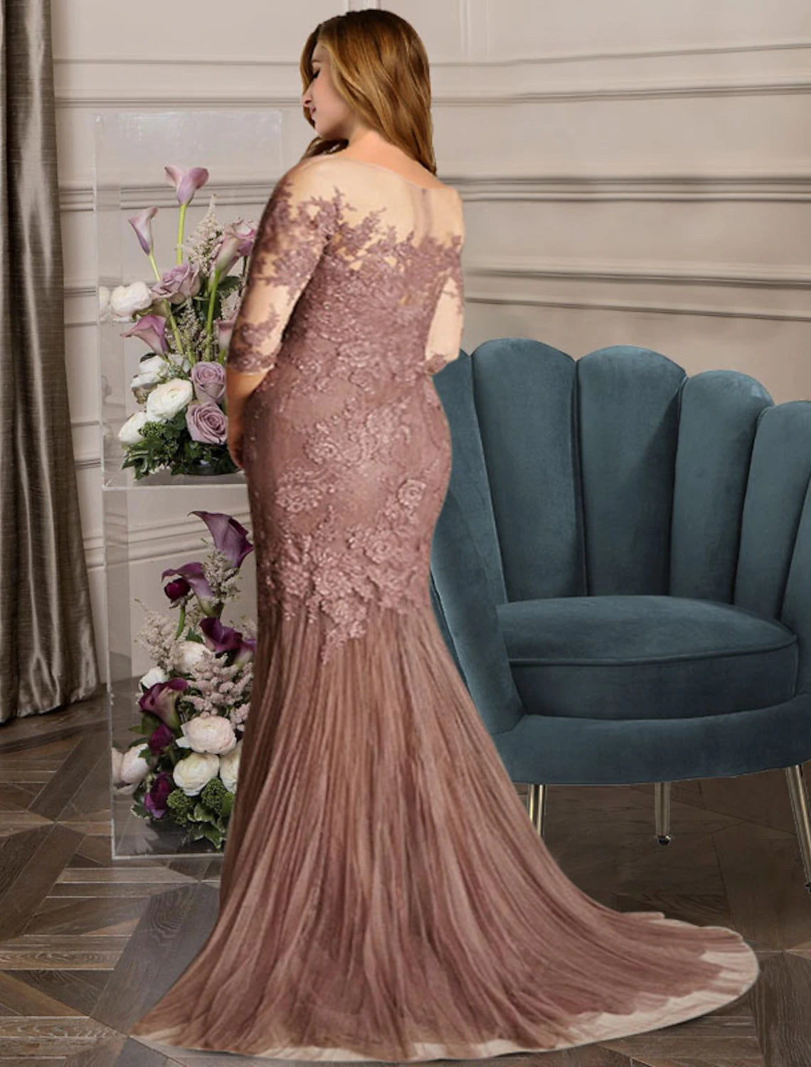 Aimishang Mermaid / Trumpet Mother of the Bride Dresses Plus Size Hide Belly Curve Elegant Dress Formal Sweep / Brush Train Sleeveless Jewel Neck Lace with Pleats Appliques