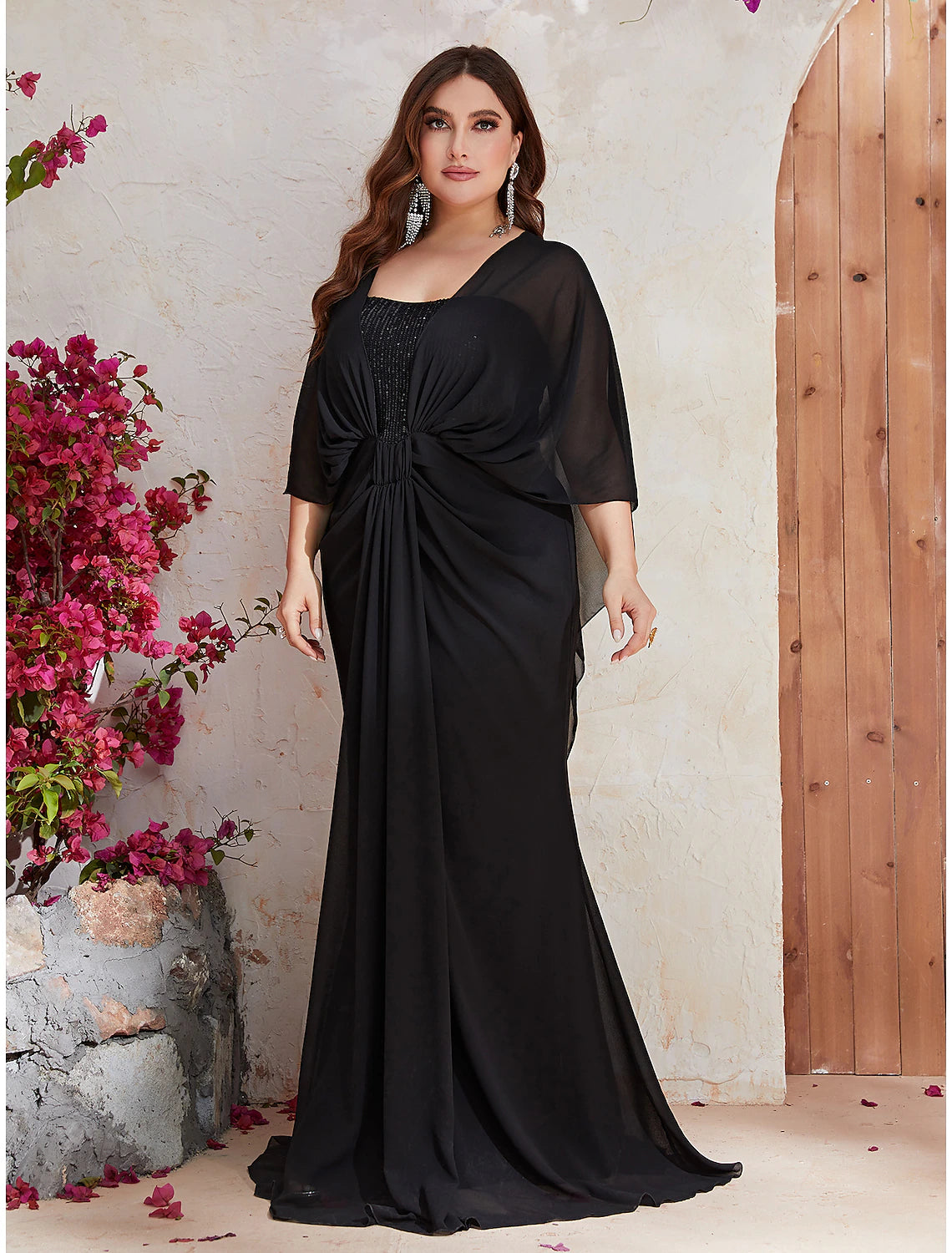 Aimishang Mermaid / Trumpet Wedding Guest Dresses Plus Size Dress Formal Sweep / Brush Train Long Sleeve V Neck Polyester with Sequin Shawl