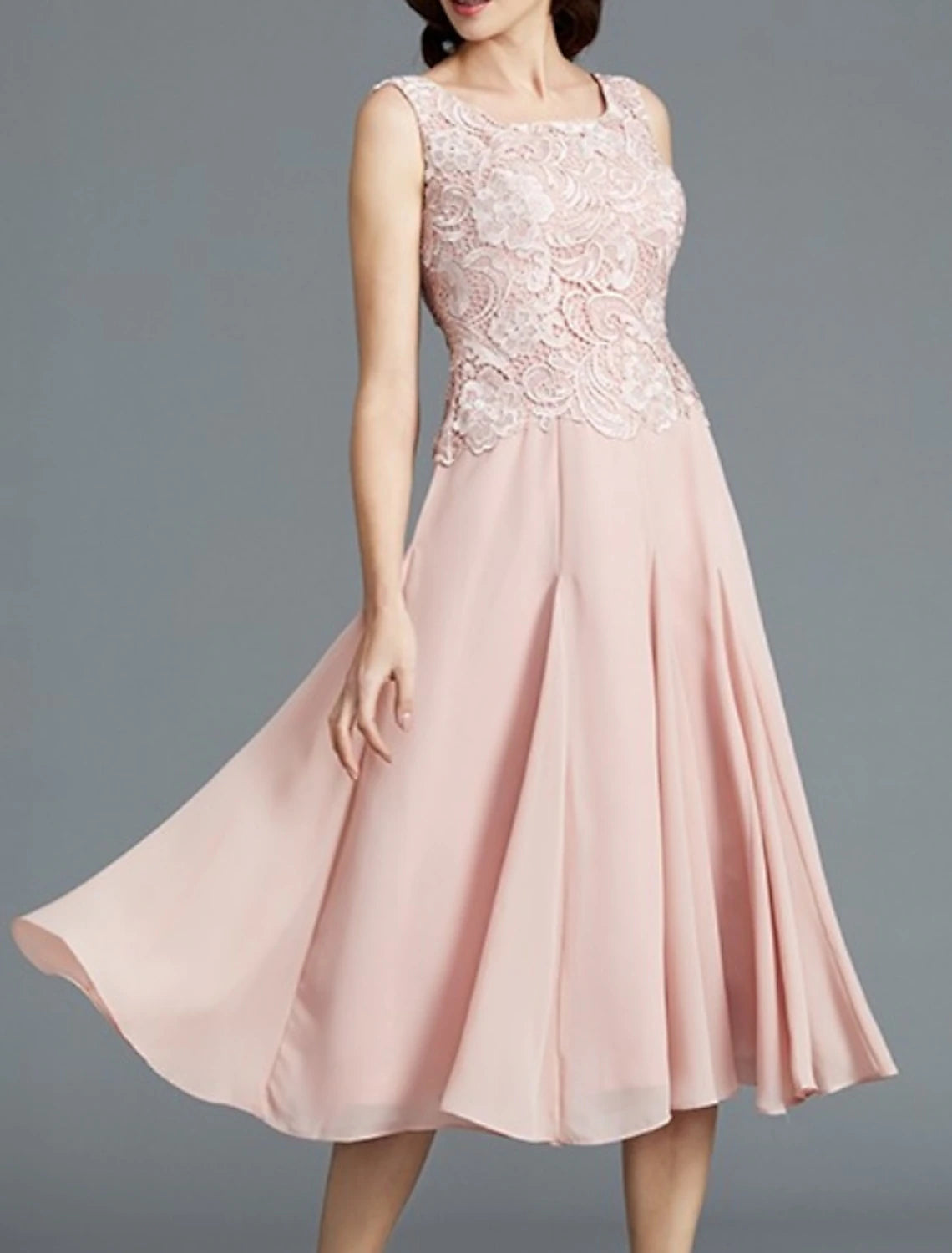 Aimishang Two Piece A-Line Mother of the Bride Dress Elegant Jewel Neck Knee Length Chiffon Lace Short Sleeve with Pleats Embroidery