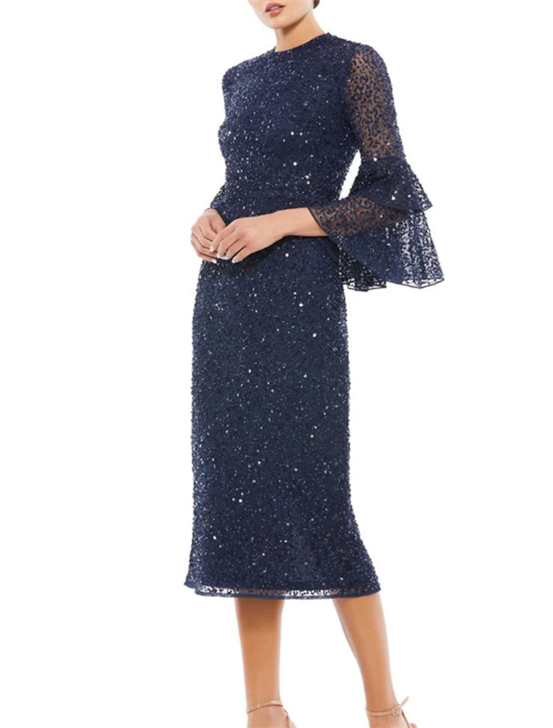 Aimishang Sheath / Column Cocktail Dresses Party Dress Wedding Guest Party Wear Tea Length 3/4 Length Sleeve Jewel Neck Sequined with Sequin Ruffles