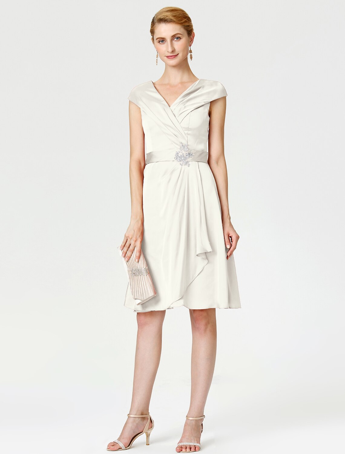 Aimishang A-Line Mother of the Bride Dress Elegant V Neck Knee Length Satin Chiffon Short Sleeve No with Sash / Ribbon Pleats Beading