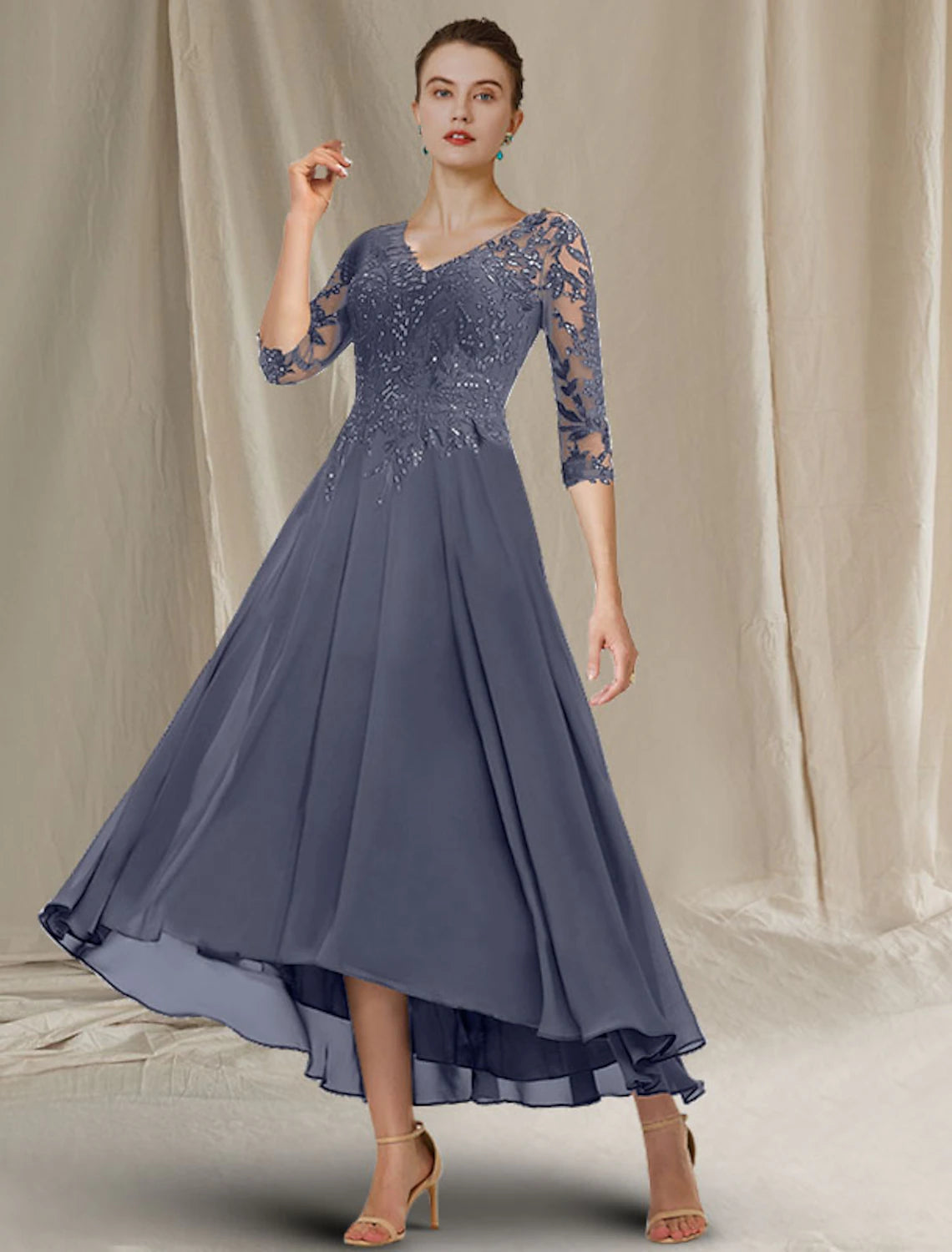Aimishang A-Line Mother of the Bride Dress Elegant Sparkle & Shine High Low V Neck Asymmetrical Tea Length Chiffon Lace Half Sleeve with Sequin Ruffles Appliques