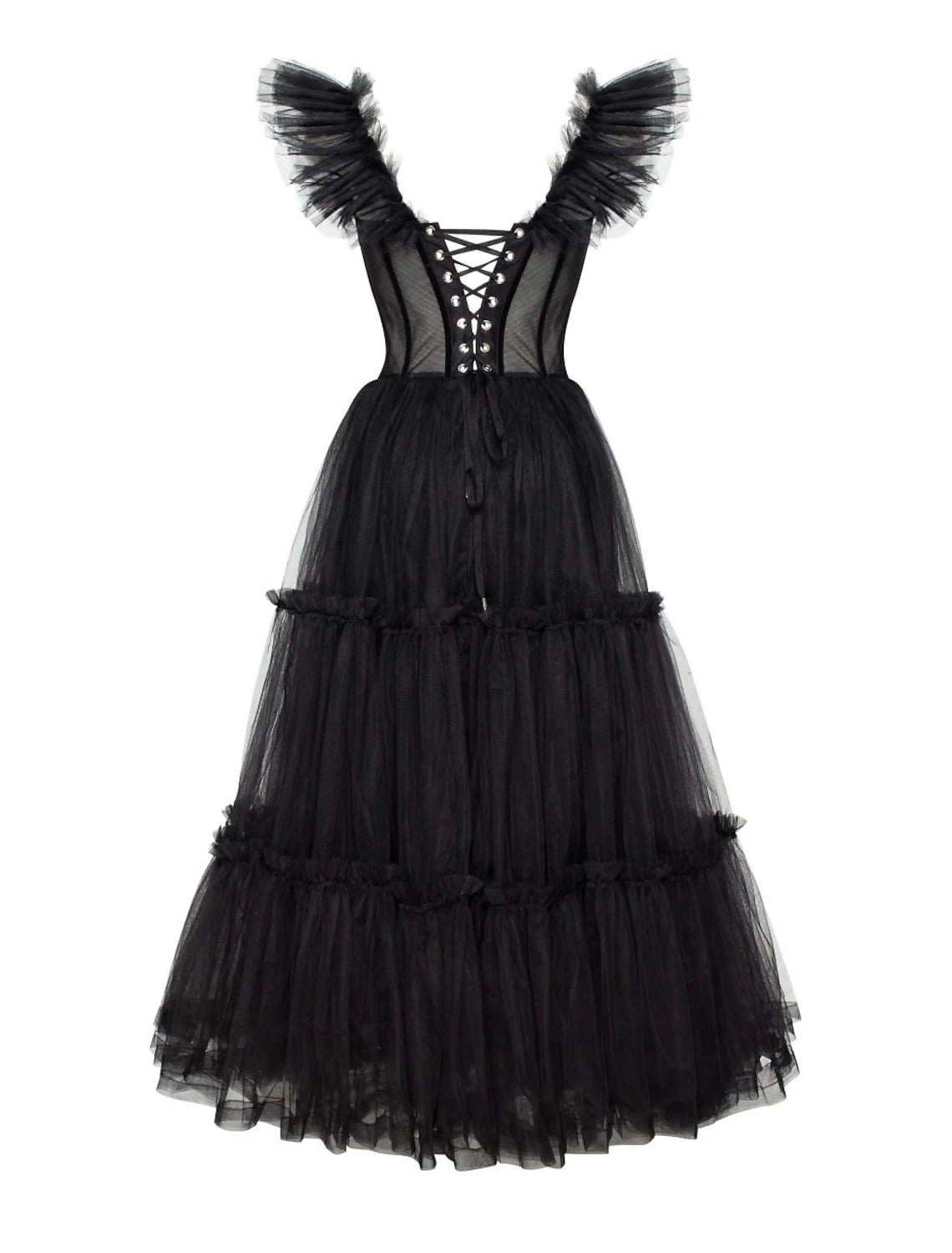 Aimishang A-Line Prom Dresses Gothic Dress Masquerade Ankle Length Sleeveless Sweetheart Wednesday Addams Family Tulle Crisscross Back with Pleats Ruffles