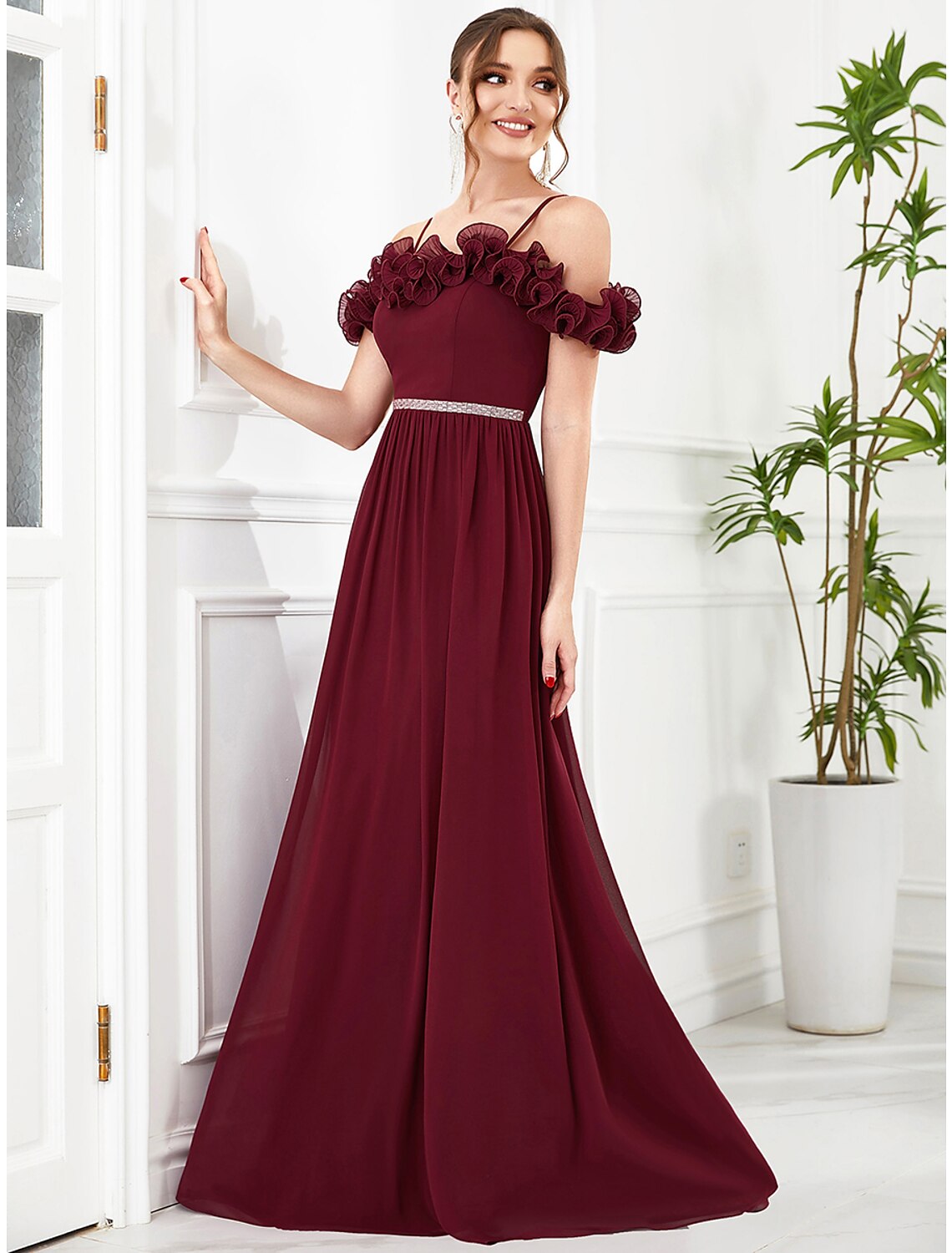 Aimishang A-Line Prom Dresses Vintage Dress Wedding Guest Floor Length Sleeveless Off Shoulder Chiffon with Appliques Shouder Flower