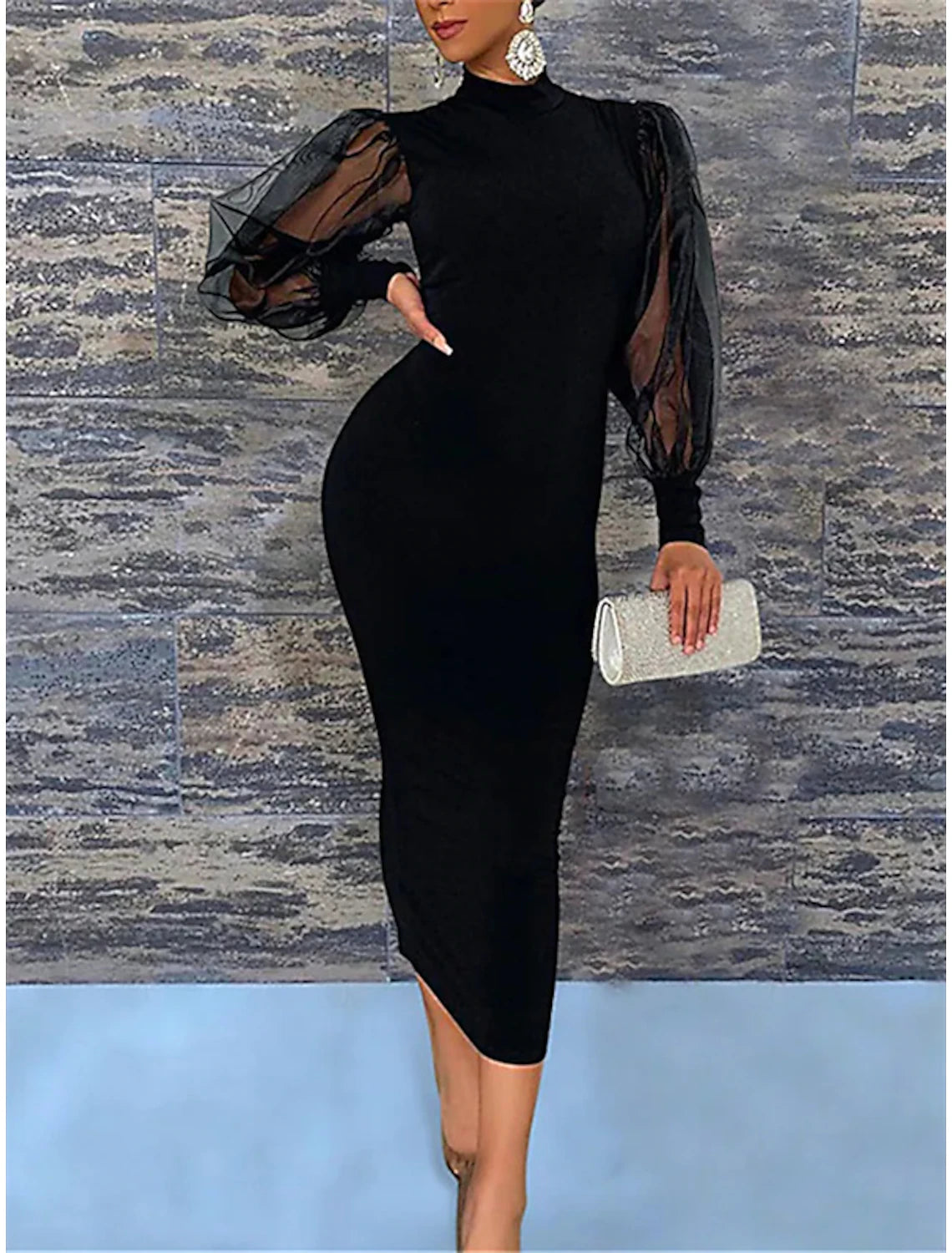 Aimishang Sheath / Column Wedding Guest Dresses Elegant Dress Party Wear Semi Formal Tea Length Long Sleeve High Neck Chiffon with Pure Color