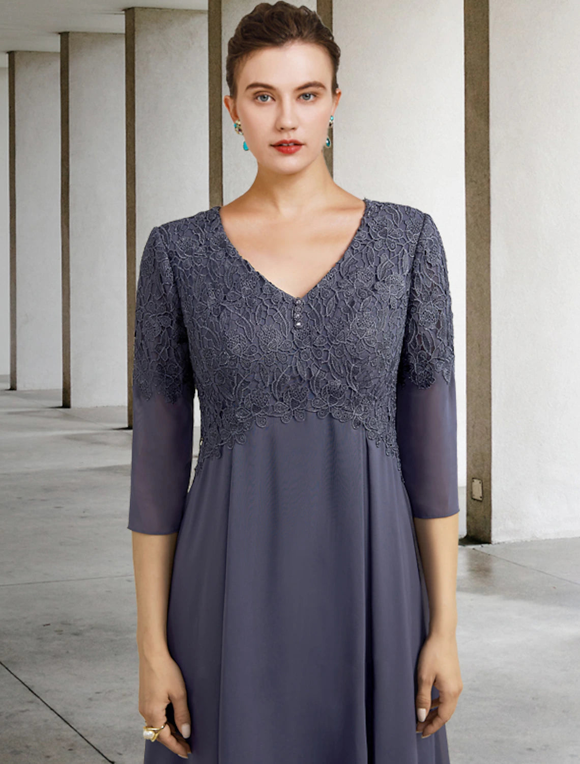 Aimishang A-Line Mother of the Bride Dress Fall Wedding Guest Plus Size Elegant V Neck Tea Length Chiffon Lace 3/4 Length Sleeve with Ruffles Appliques