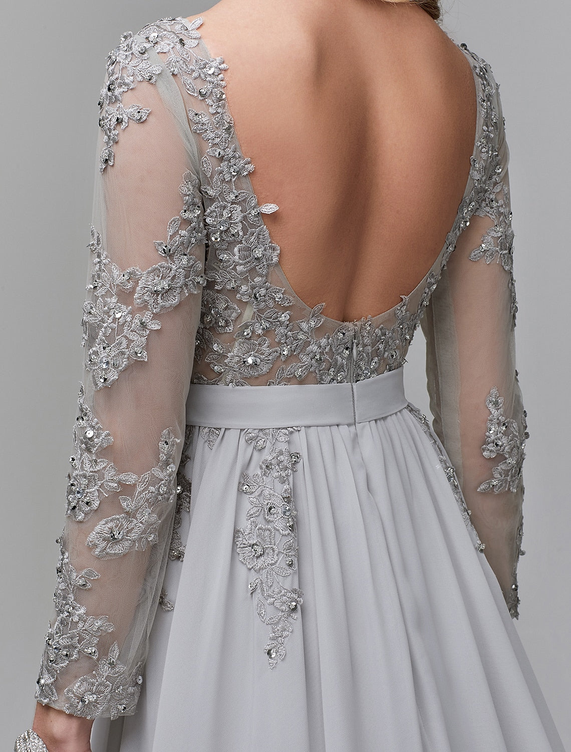 Aimishang A-Line Luxurious Engagement Formal Evening Dress Illusion Neck V Back Low Back Long Sleeve Chapel Train Chiffon with Sequin Appliques / Illusion Sleeve