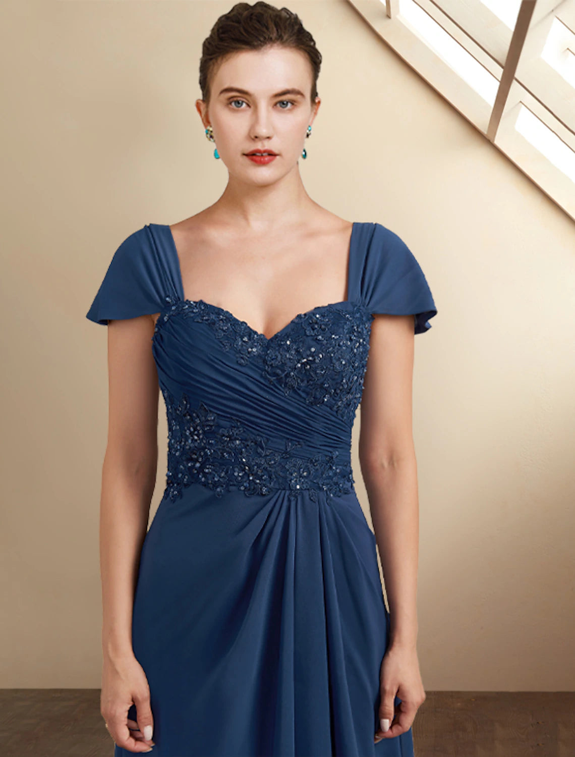 Aimishang A-Line Mother of the Bride Dress Wedding Guest Elegant High Low Square Neck Asymmetrical Tea Length Chiffon Lace Cap Sleeve Fall Wrap Included with Sequin Appliques Side-Draped