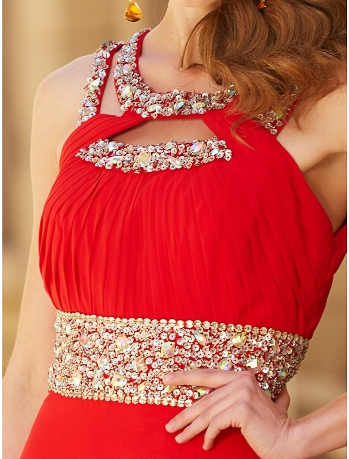 Aimishang A-Line Evening Gown Sparkle & Shine Dress Wedding Guest Party Wear Floor Length Sleeveless Halter Neck Chiffon with Rhinestone Slit