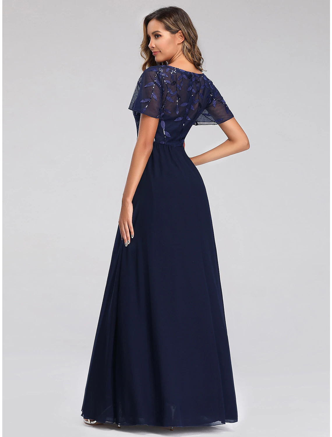 Aimishang A-Line Wedding Guest Dresses Elegant Dress Fall Floor Length Short Sleeve V Neck Bridesmaid Dress Tulle with Sequin Appliques