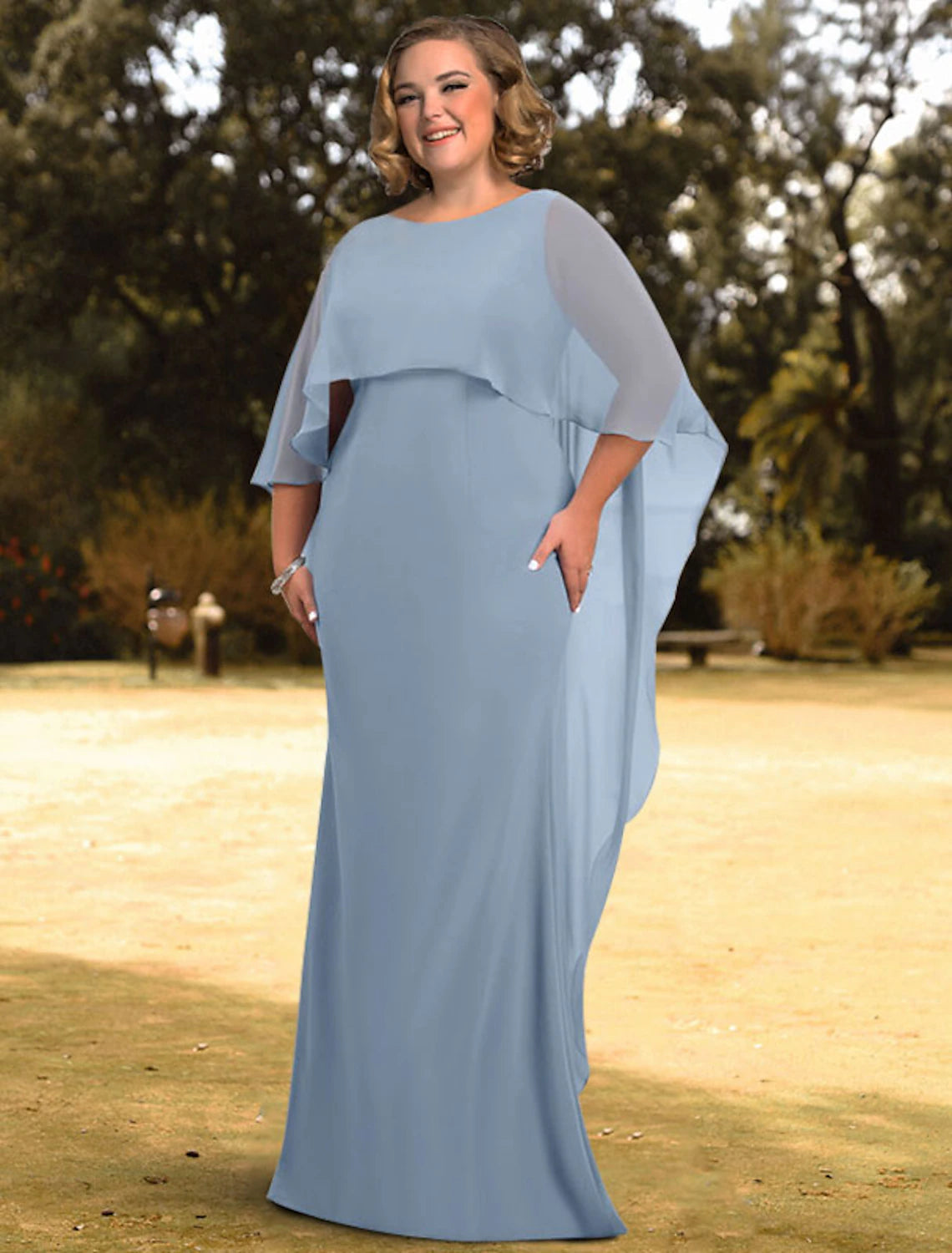 Aimishang Sheath / Column Evening Gown Empire Dress Engagement Floor Length 3/4 Length Sleeve Jewel Neck Chiffon with Sleek Pure Color