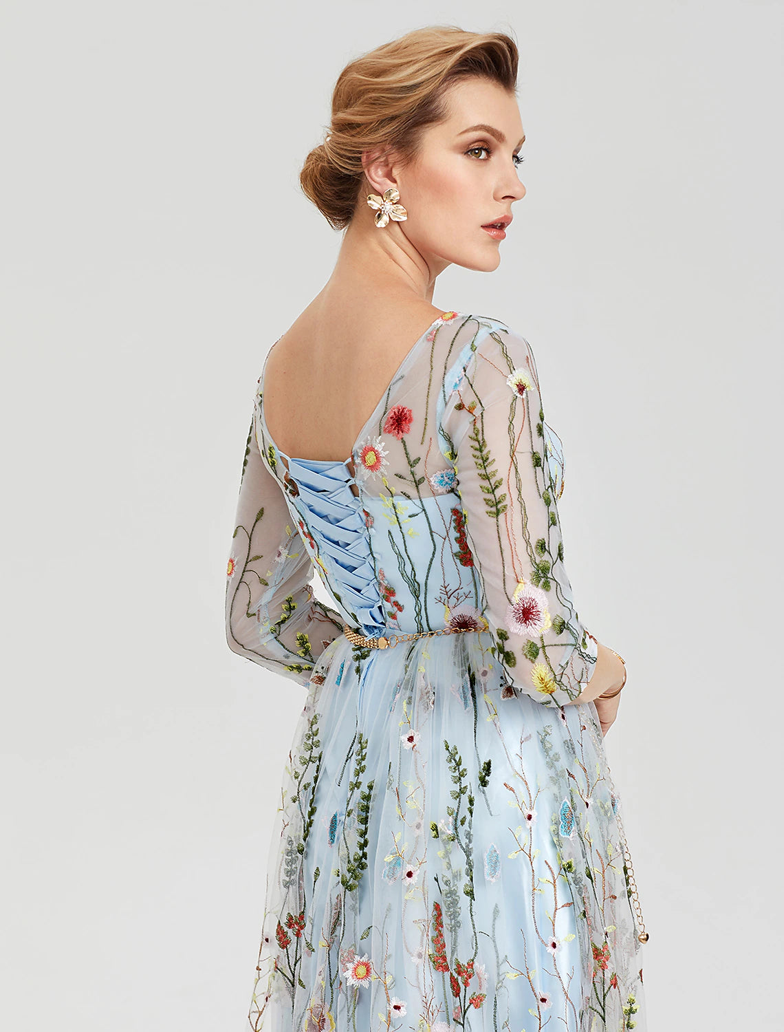 Aimishang A-Line Empire Dress Wedding Guest Party Wear Floor Length 3/4 Length Sleeve Illusion Neck Lace Evening Party Dress with Embroidery Appliques No With Belt