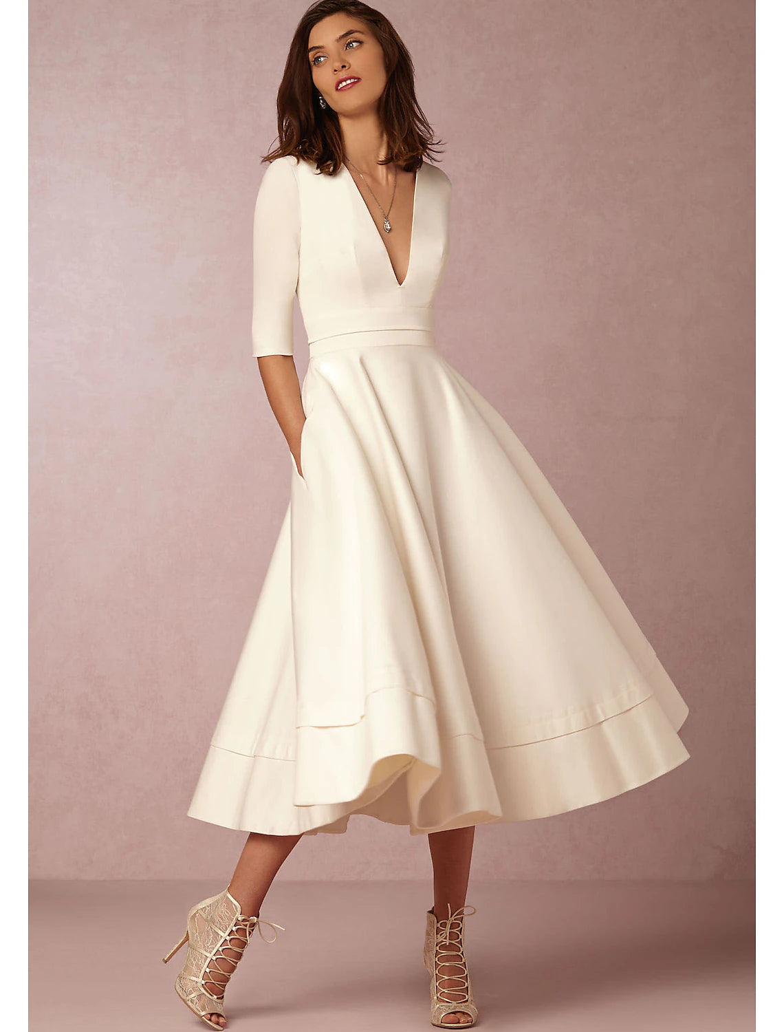 Aimishang A-Line Special Occasion Dresses Party Dress Holiday Tea Length Half Sleeve V Neck Pocket Jersey with Pleats