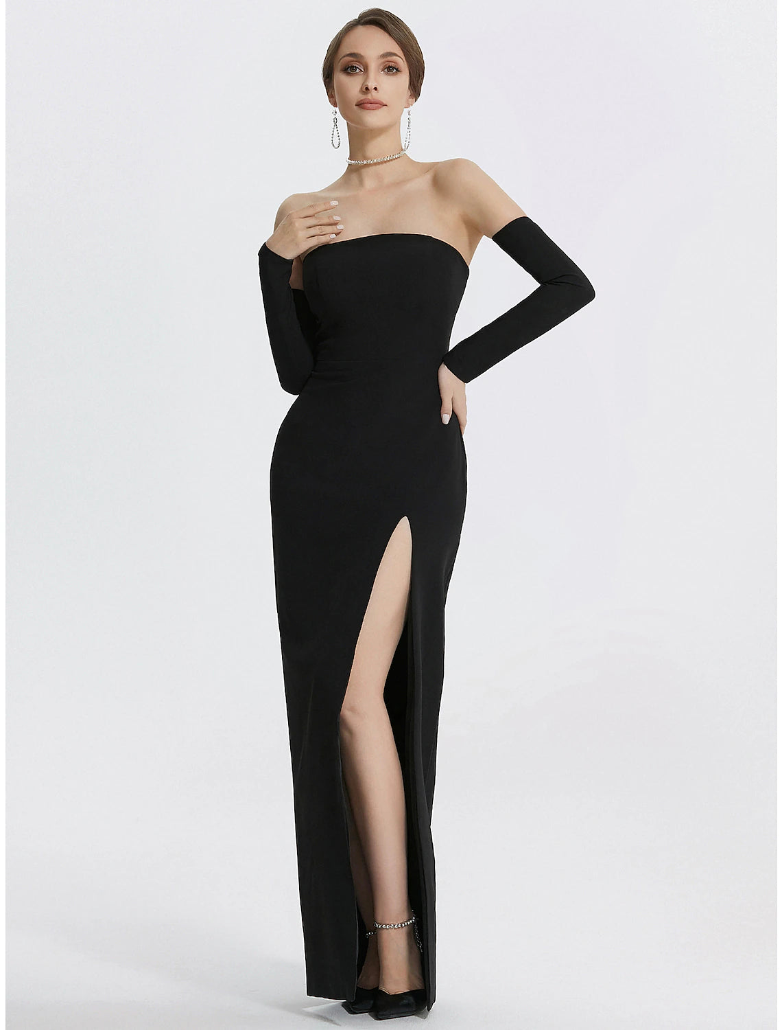 Aimishang Mermaid Evening Gown Black Dress With Gloves Formal Wedding Guest Floor Length Long Sleeve Strapless Fabric with Slit