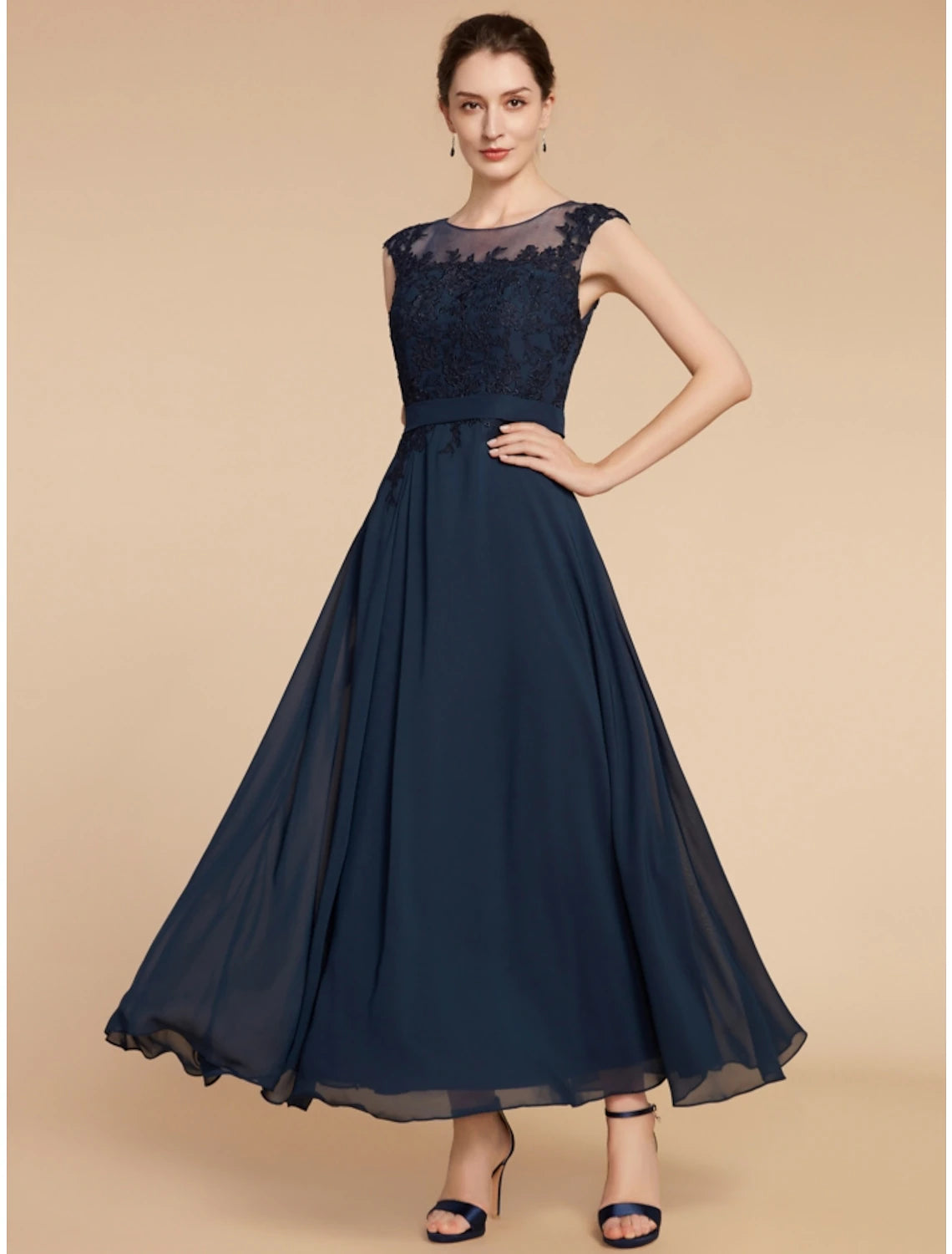 Aimishang A-Line Mother of the Bride Dress Wedding Guest Elegant Jewel Neck Ankle Length Chiffon Lace Long Sleeve with Ruching Solid Color